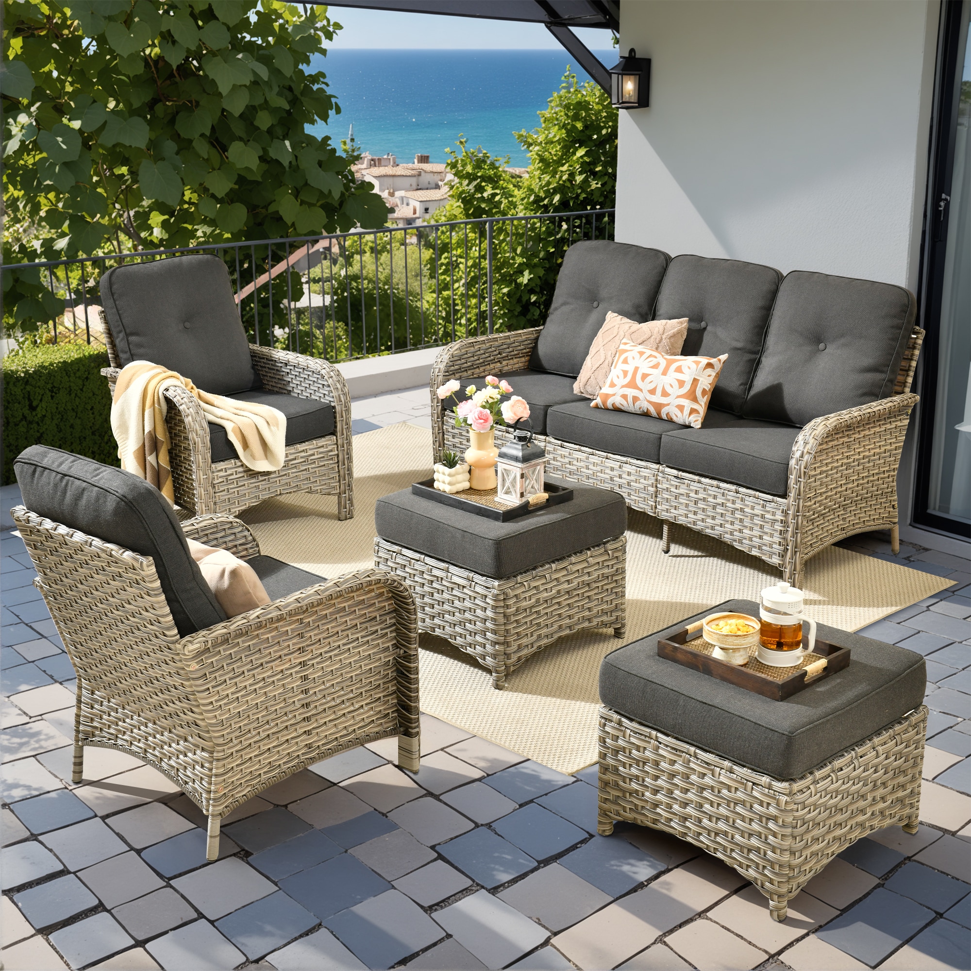 XIZZI XIVNC1052 Scorpio 5 -Piece Rattan Patio Sofa Conversation Set with Black Cushions