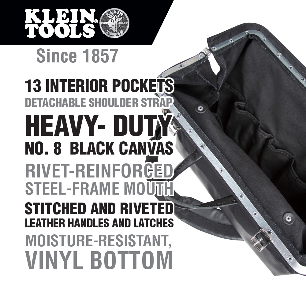 Klein Tools Deluxe Tool Bag, Black Canvas, 13 Pockets, 18-Inch Black Canvas  18-in Buckle Tool Bag at