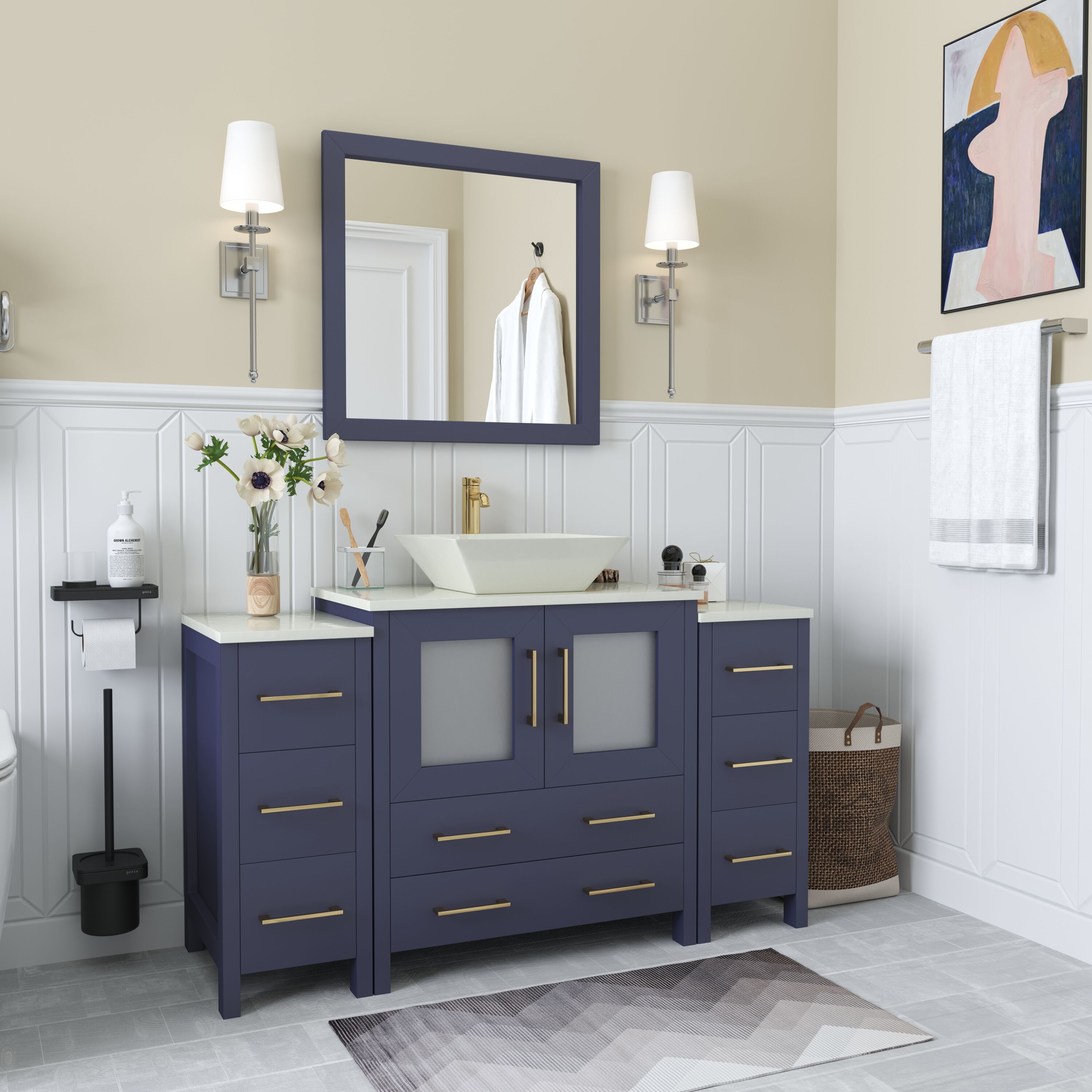 Blue 54" Single Sink Bathroom Vanity Set with Engineered Marble Top and Mirror