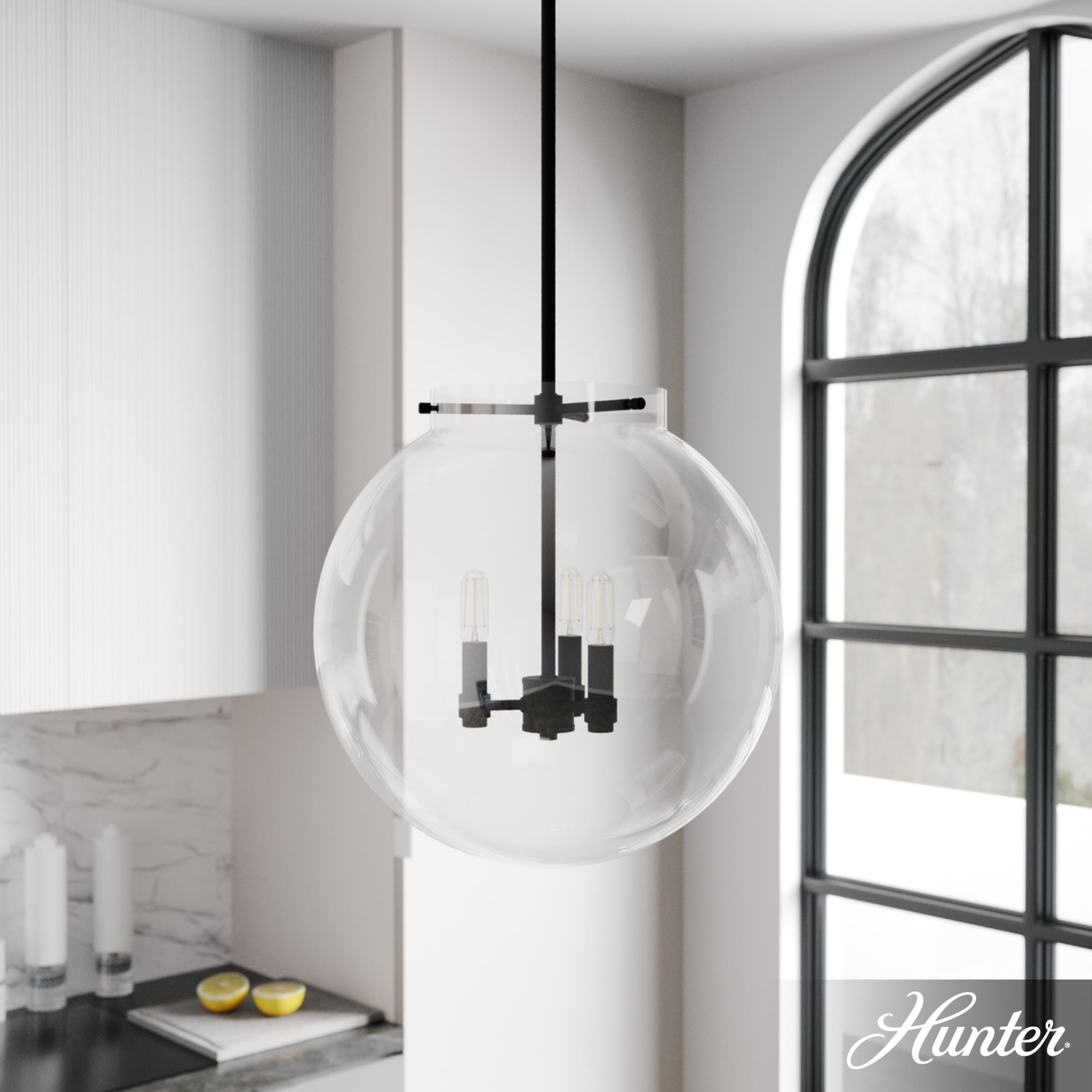 Sacha 3-Light Black Iron Globe Pendant with Clear Glass