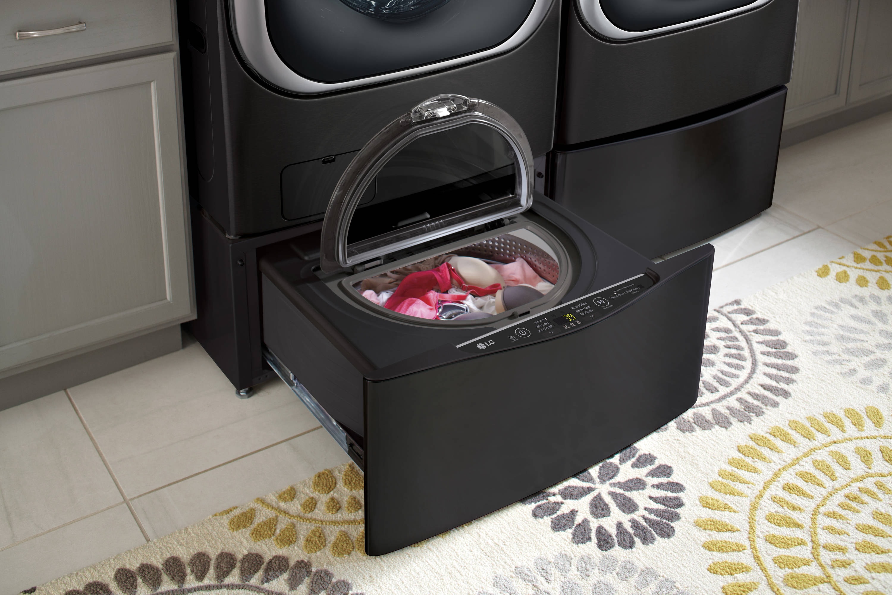 LG LGWADREB89001 Side-by-Side on Storage Drawer Pedestal Washer & Dryer Set  with Front Load Washer and Electric Dryer in Black Steel