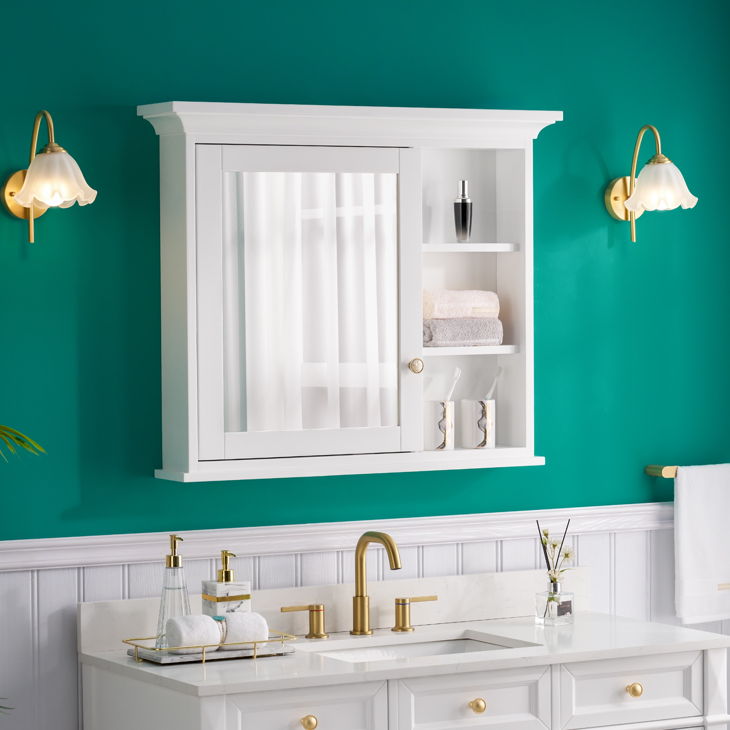 Forclover Solid Wood 36-in x 30-in Surface/Recessed Mount White Mirrored Soft Close Medicine Cabinet