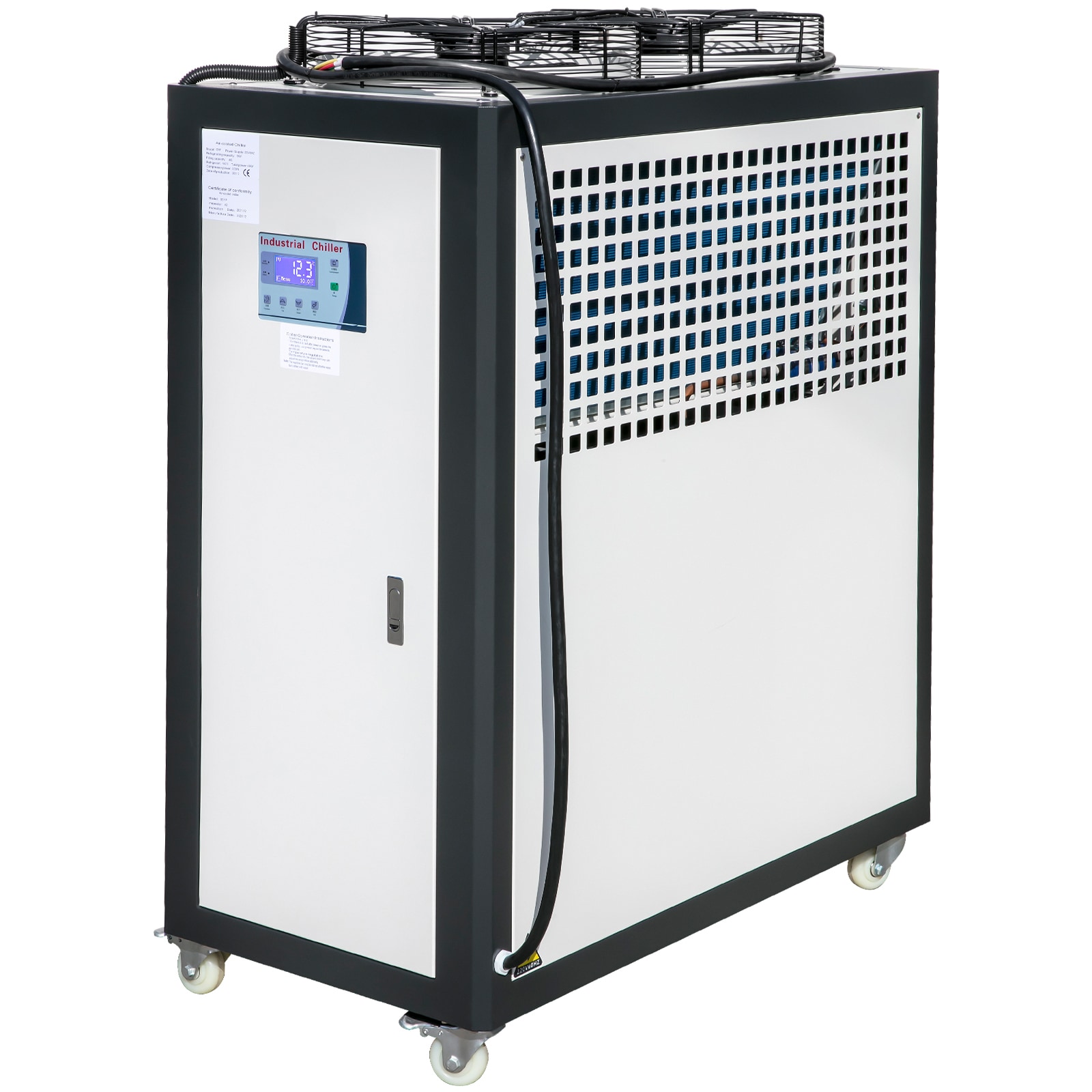 VEVOR SCLFJ5DFLLSJ05752V1 Air Cooled Water Chiller 5 Ton Portable  5Hp 53L Tank Industrial Chiller  Finned Condenser w/Micro-Computer Control  15KW Cooling Capacity Stainless Steel Tank Chiller Machine for Cooling Water