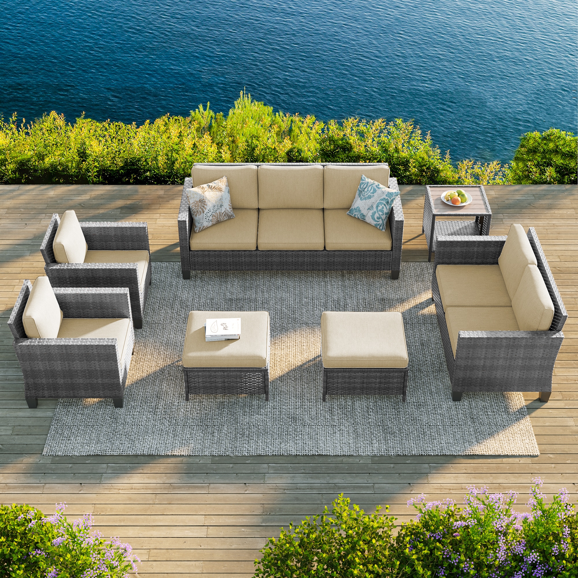 Sonkuki SD-PS-115HBG-S3T3 Patio Conversation Set 7 -Piece Wicker Patio Sofa Conversation Set with Beige Cushions