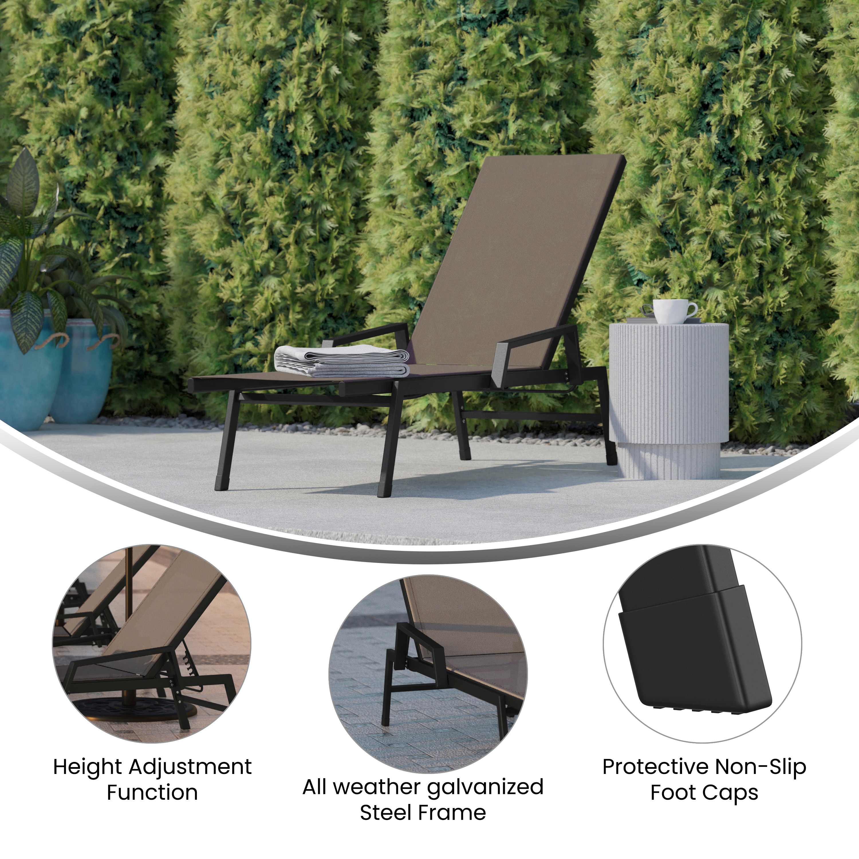 Brazos 62.5" Adjustable Outdoor Lounger in Black/Brown with Arms