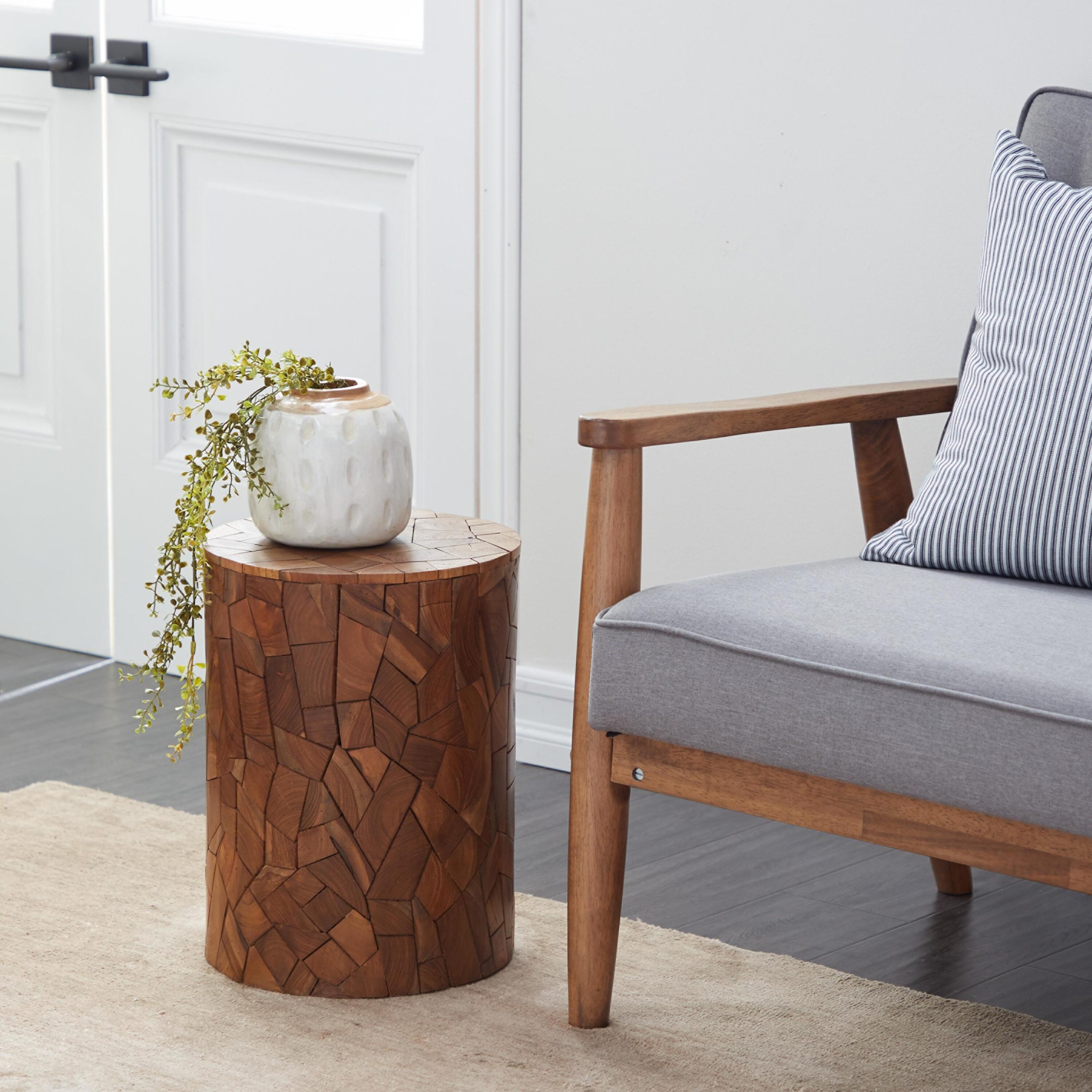 Grayson Lane 36916 12-in W x 17-in H Brown Handmade with Mosaic Wood Chip Design Wood Round Modern End Table