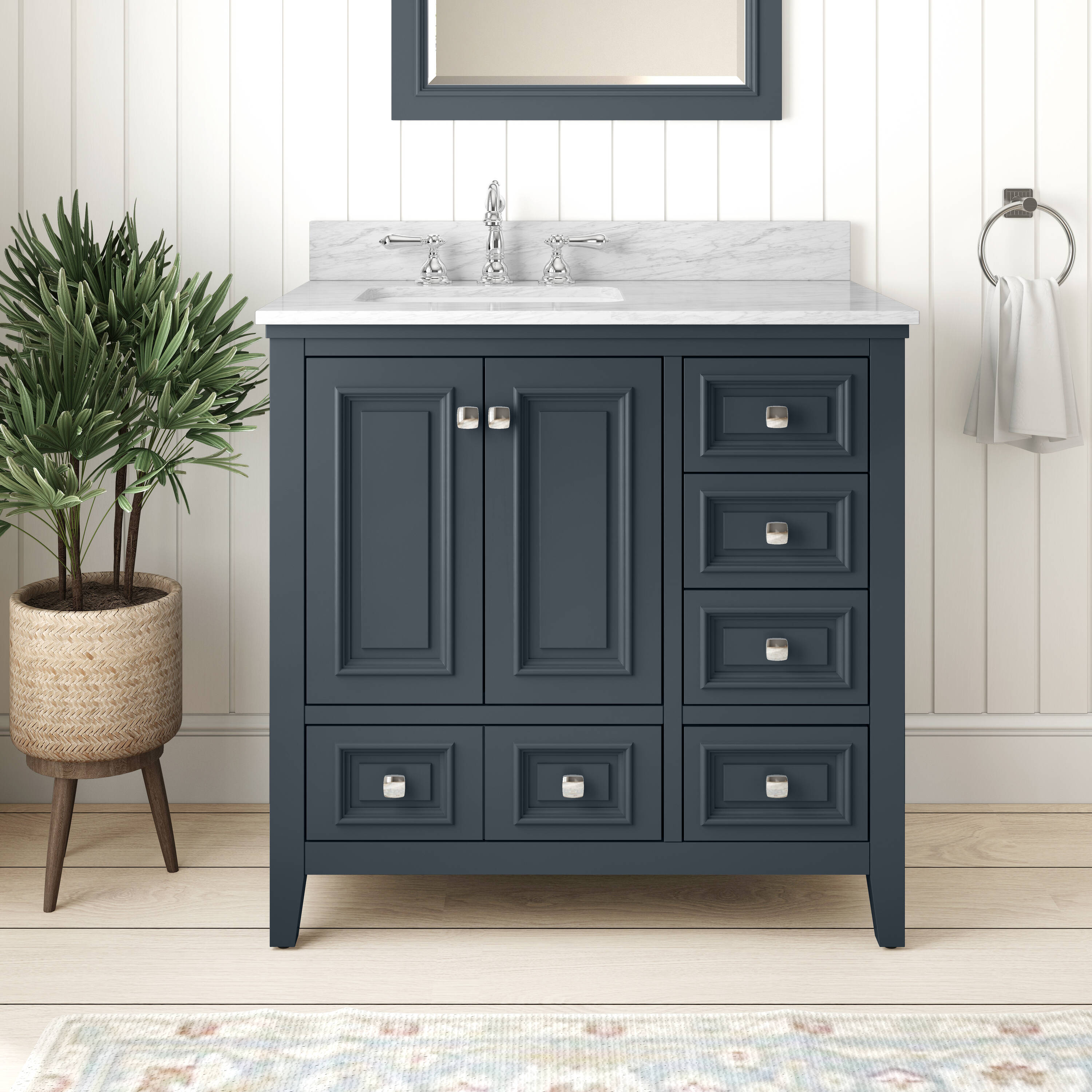 TJAmerican TJ01-28V3622GR Graydon 36 in. W x 22 in. D x35 in. H Single Sink Bath Vanity in Steel Grey Finish with Natural Carrara Top