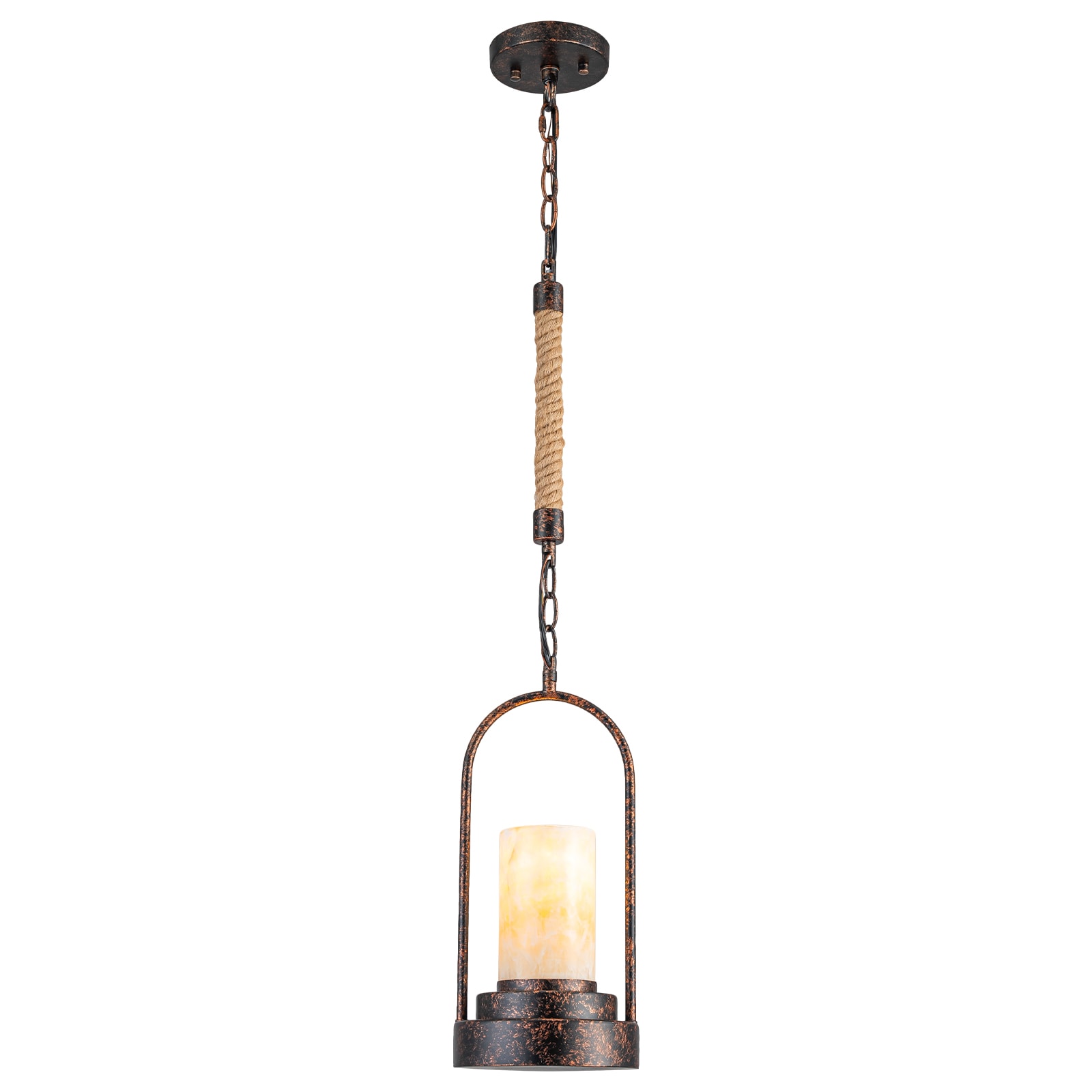 MENCOLULU 6.69 inch Retro Industrial Candlestick Alabaster Shade 1 -Light Brown Industrial Stone Cylinder Small Hanging Pendant Light