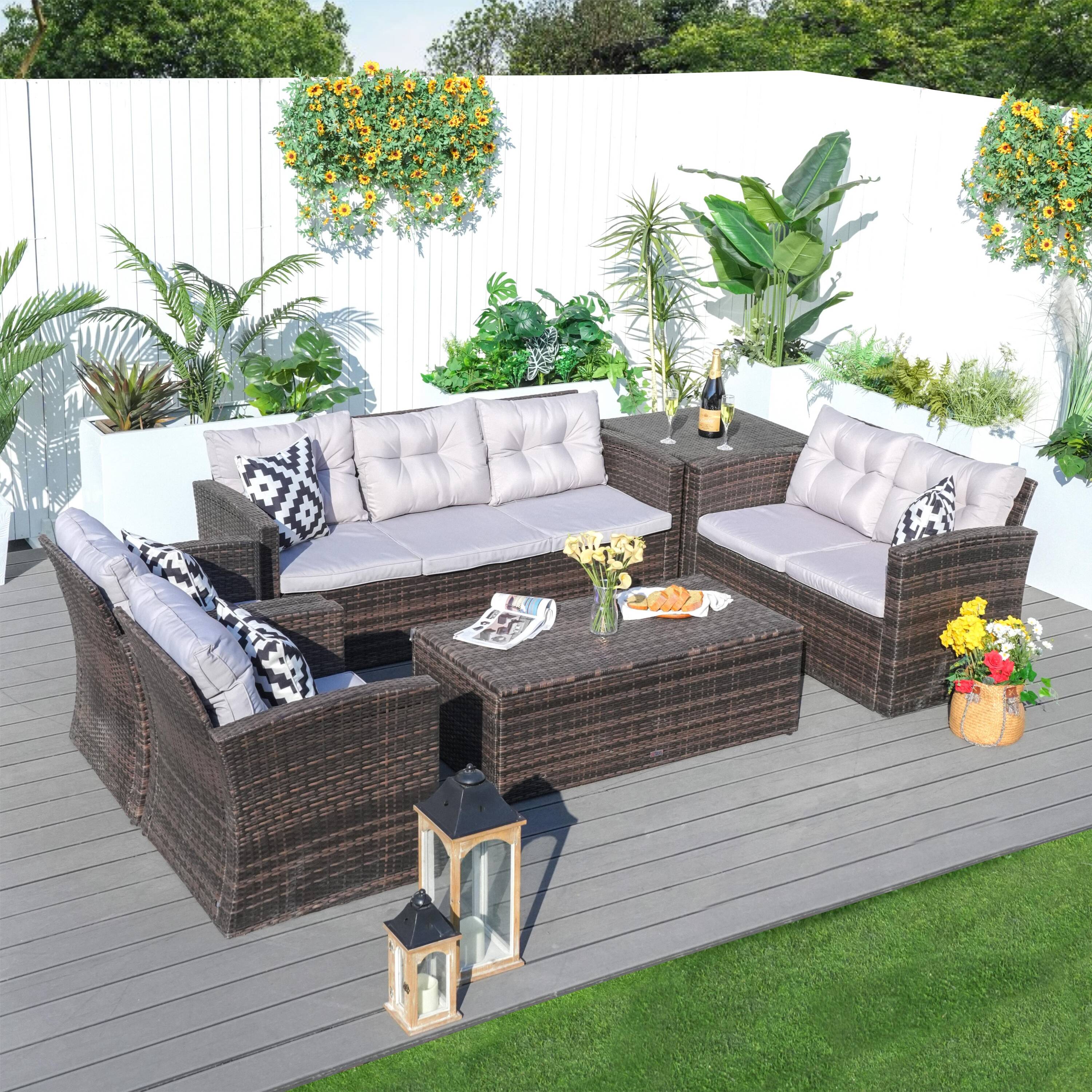 Moda Furnishings CMAS-1503-BR Vivian 6 -Piece Wicker Patio Sofa Conversation Set with Brown Cushions