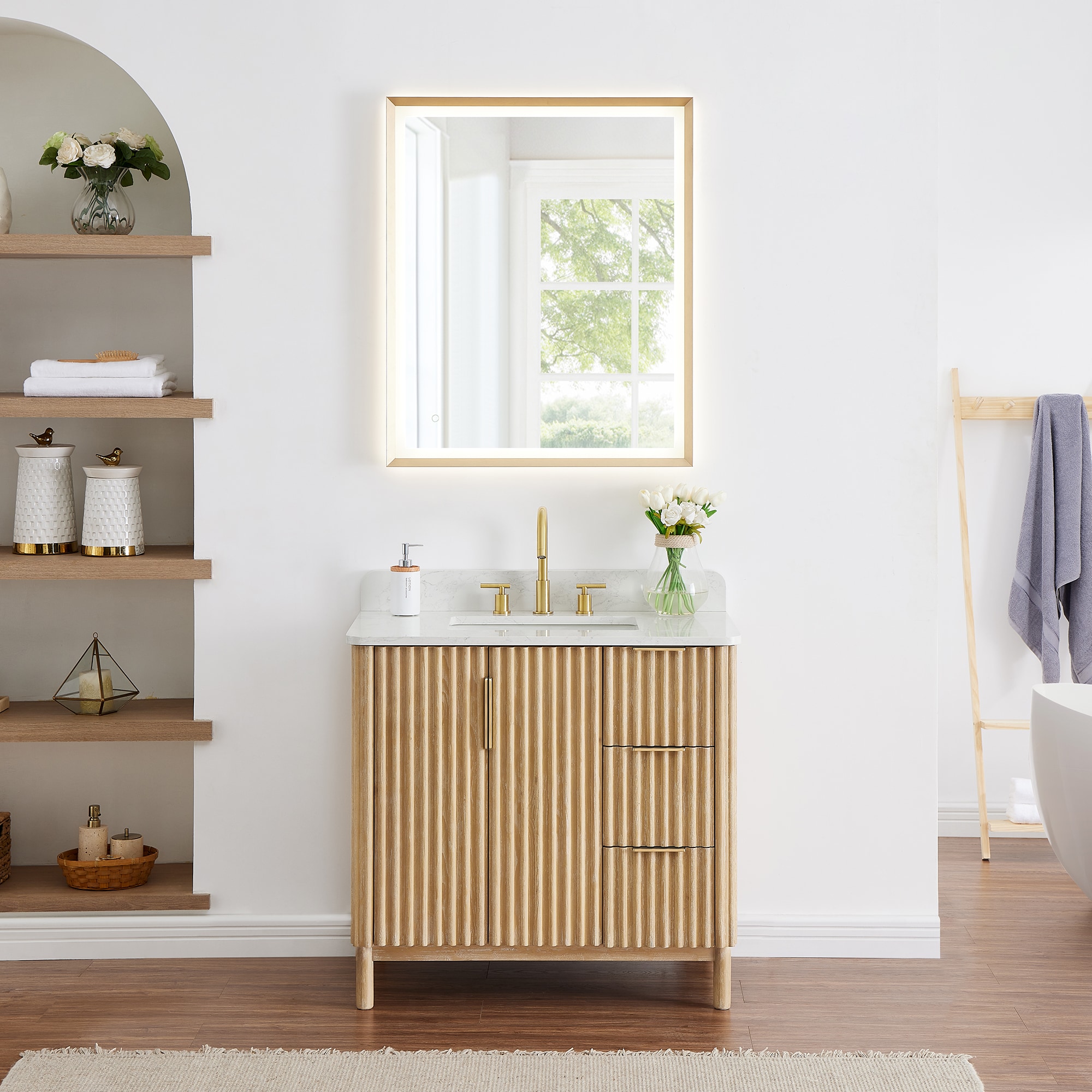 Altair 575036-WL-GW Sierra 36-in Washed Light Brown Undermount Single Sink Bathroom Vanity with Grain White Engineered Stone Top (Mirror Included)