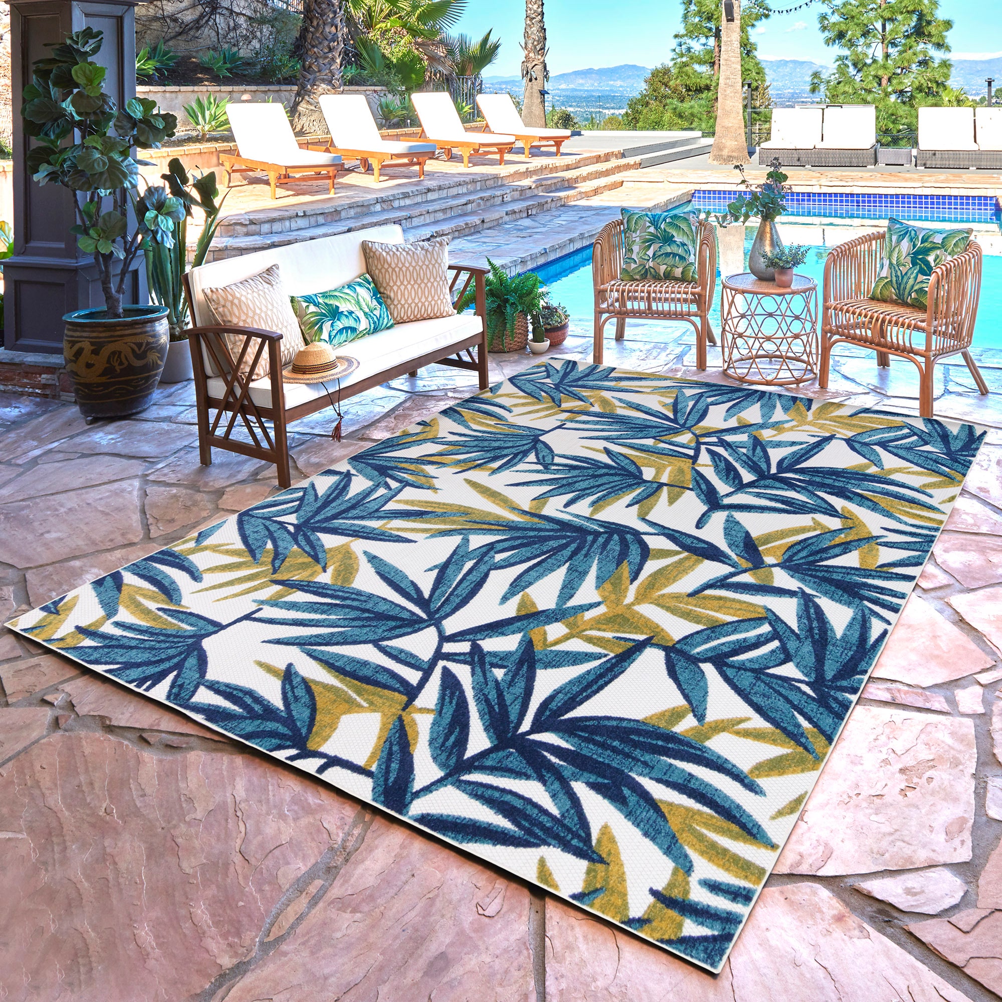 GERTMENIAN 46281 Elements 9 X 13 (ft) Blue Indoor/Outdoor Floral/Botanical Area Rug