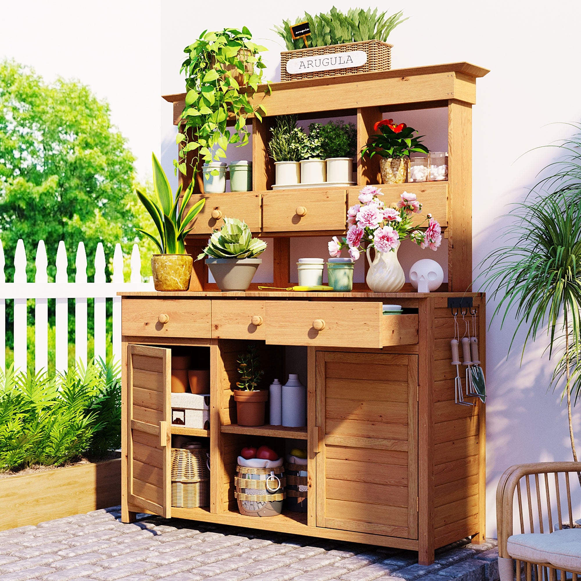 Dimakai 65.7 Inch Natural Brown Tall Garden Potting Bench with Hutch Patio Storage Workstation