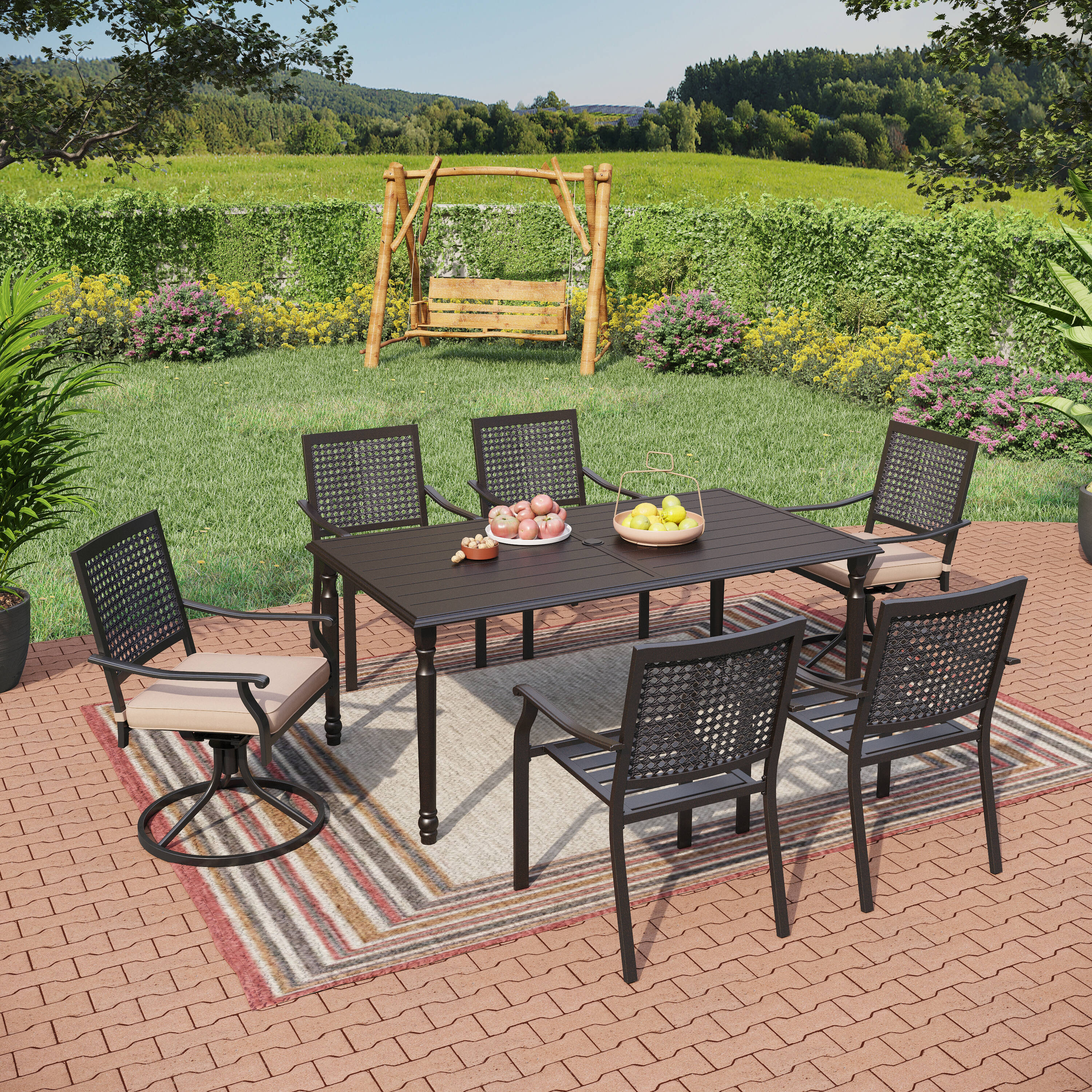  TC7-135136-103 7 -Piece Black Patio Dining Set Steel Rectangle Table with 6 Tan Stackable Stationary Chairs