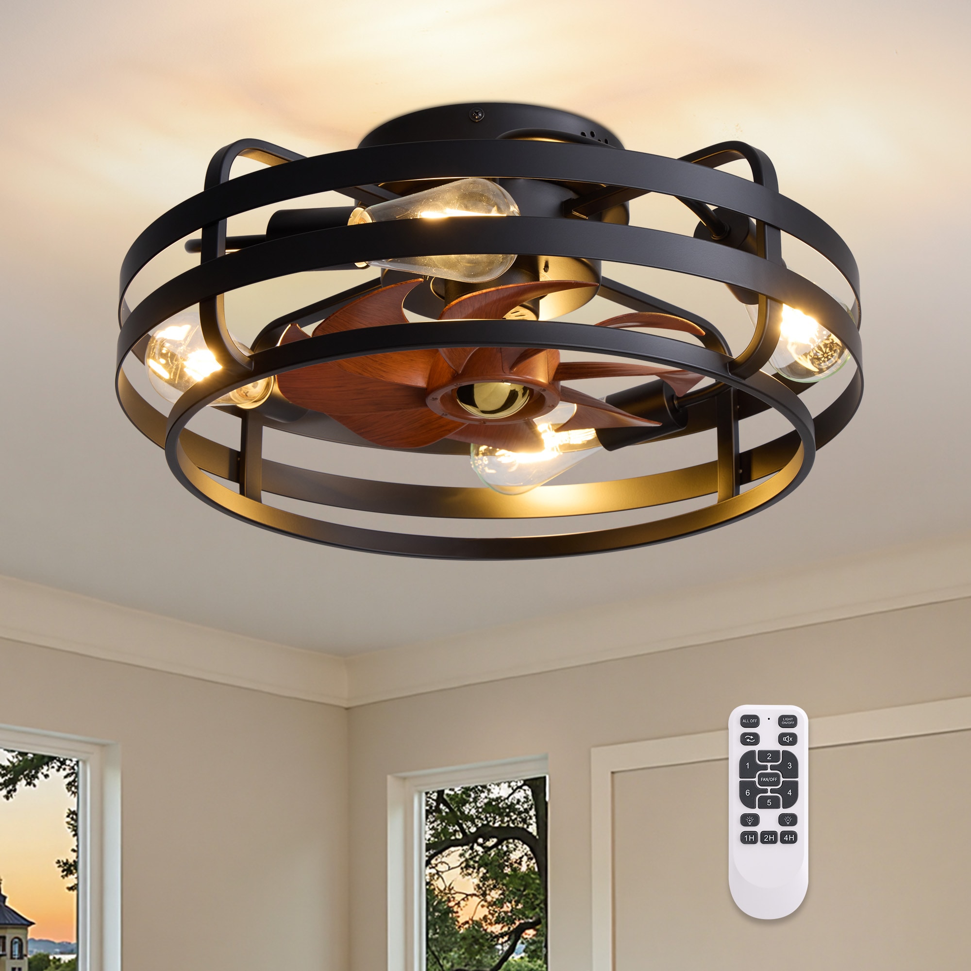 Antoine Low Profile 20-in Black with Wood Grain Blades Flush Mount Smart Cage Ceiling Fan With Light and Remote Control Included 7 -Blade