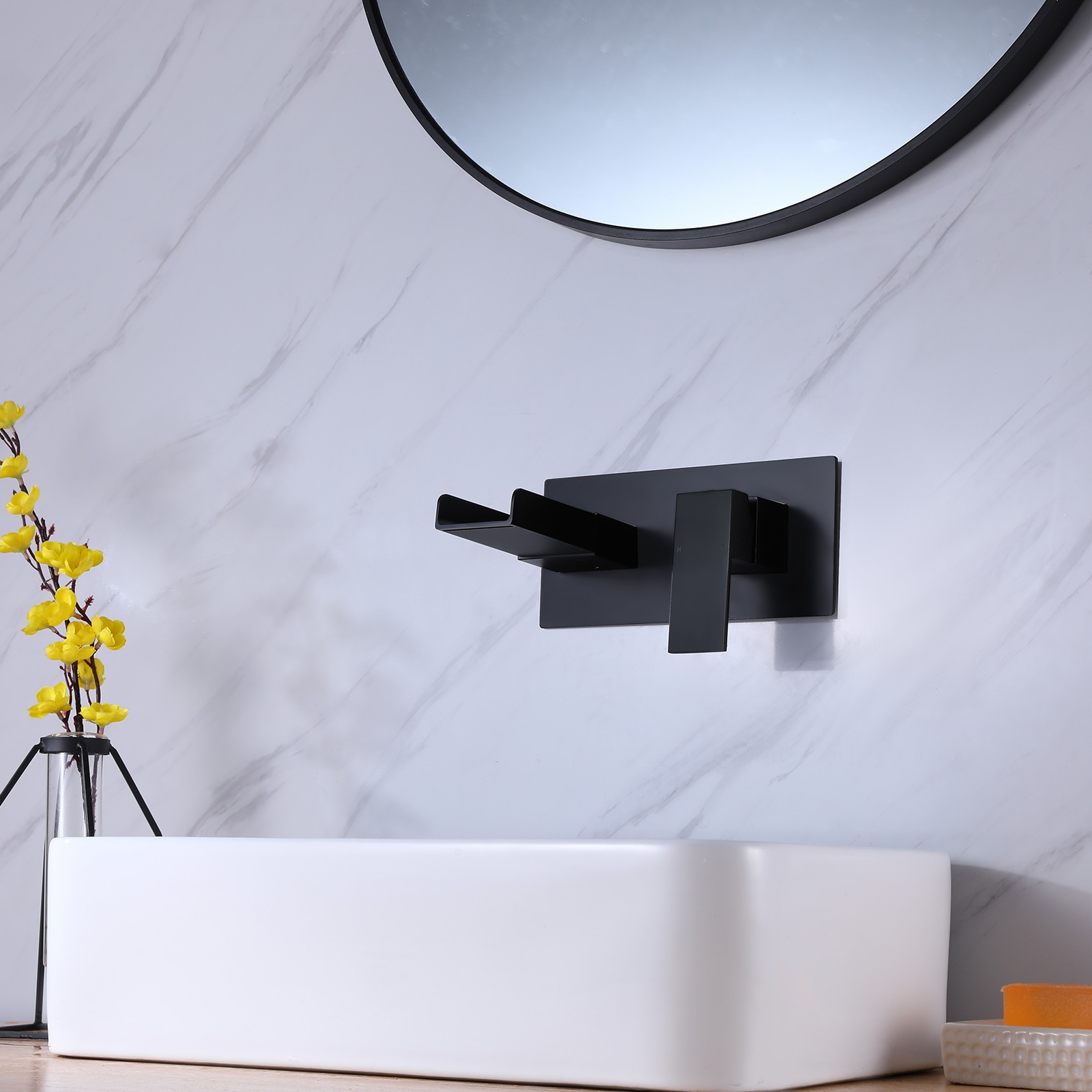 Matte Black Wall-Mount Single-Handle Waterfall Bathroom Faucet