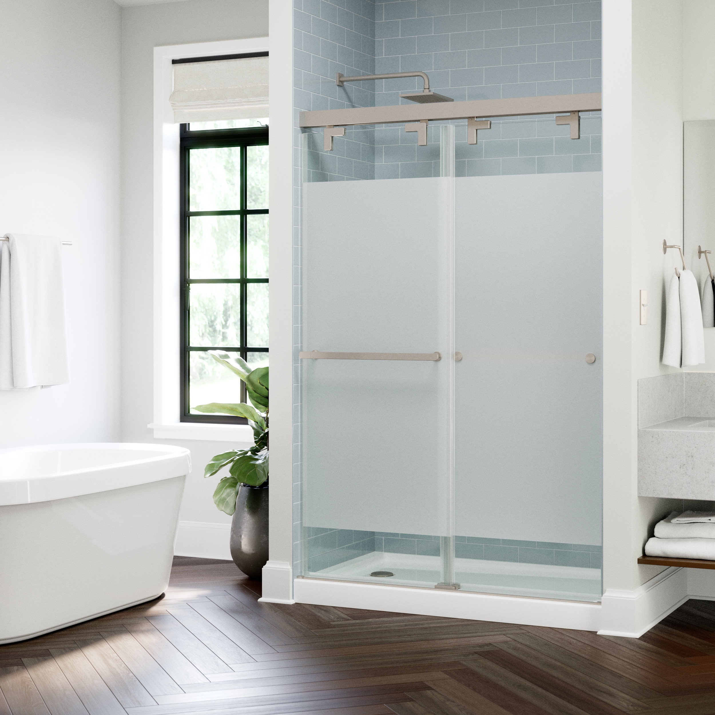 Delta SD7909798 Kesara Brushed Nickel 42-1/4-in W x 72.9922-in H Frameless Sliding Soft Close Shower Door 5/16-in Thick Frosted Glass