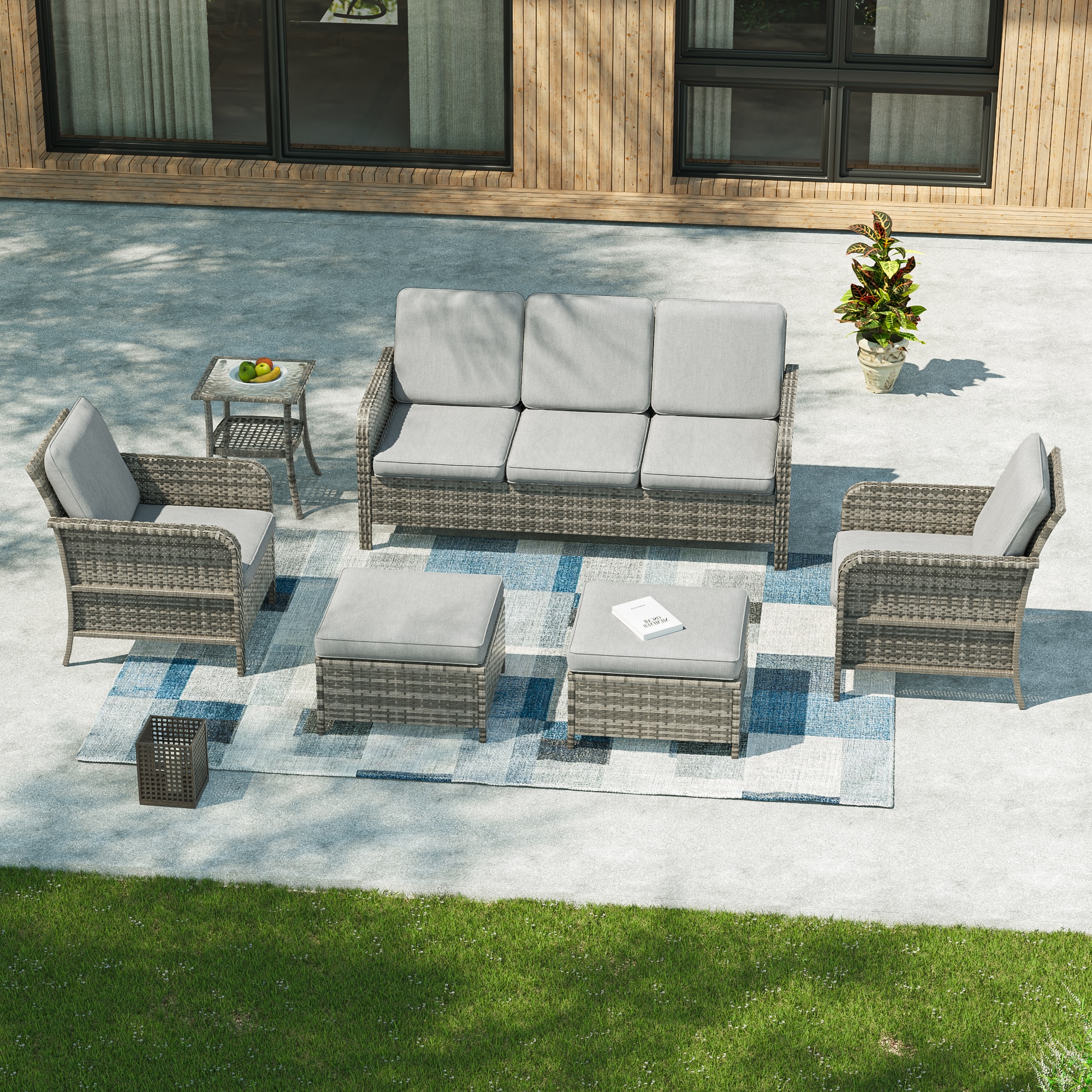 ACEGOSES LW-155HLY-T2 Skytop 6 -Piece Wicker Patio Sofa Conversation Set with Gray Cushions