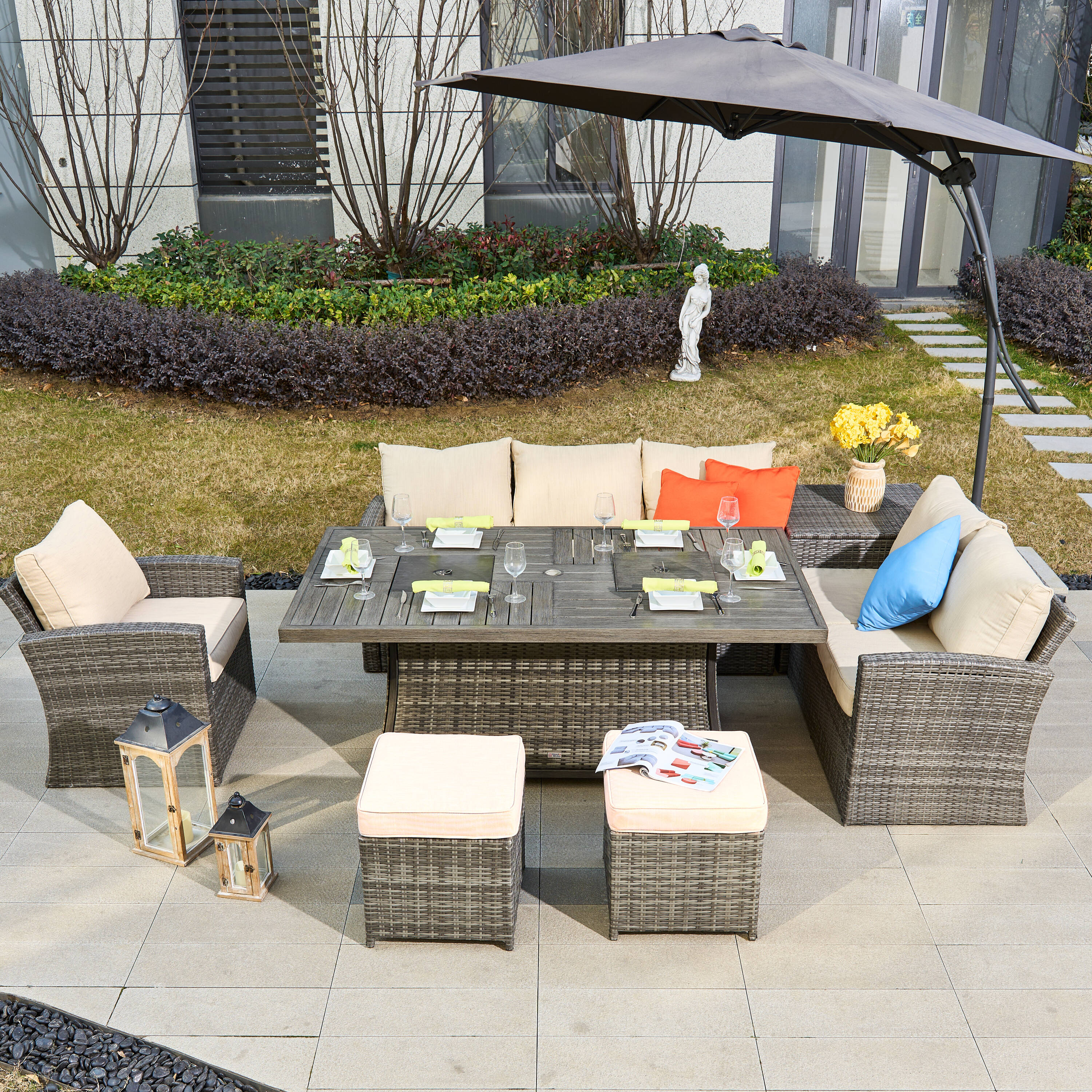 Direct Wicker DWG-2403BFI-GR 7-Piece Wicker Patio Conversation Set with Gray Cushions
