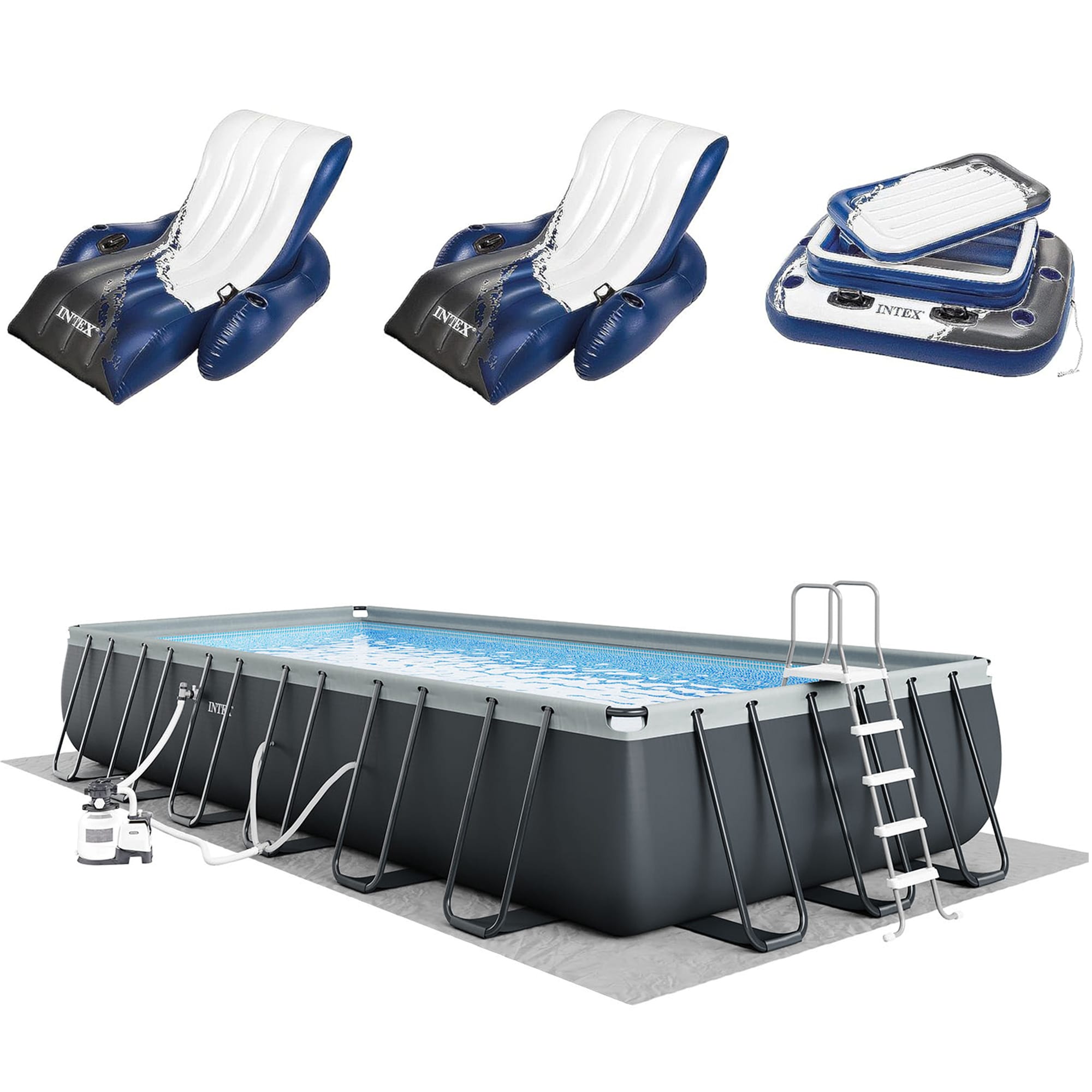 Intex 141983 24-ft x 12-ft x 51.6-in Metal frame Rectangle Above-Ground Pool with Filter Pump with Ground Cloth with Pool Cover with Ladder