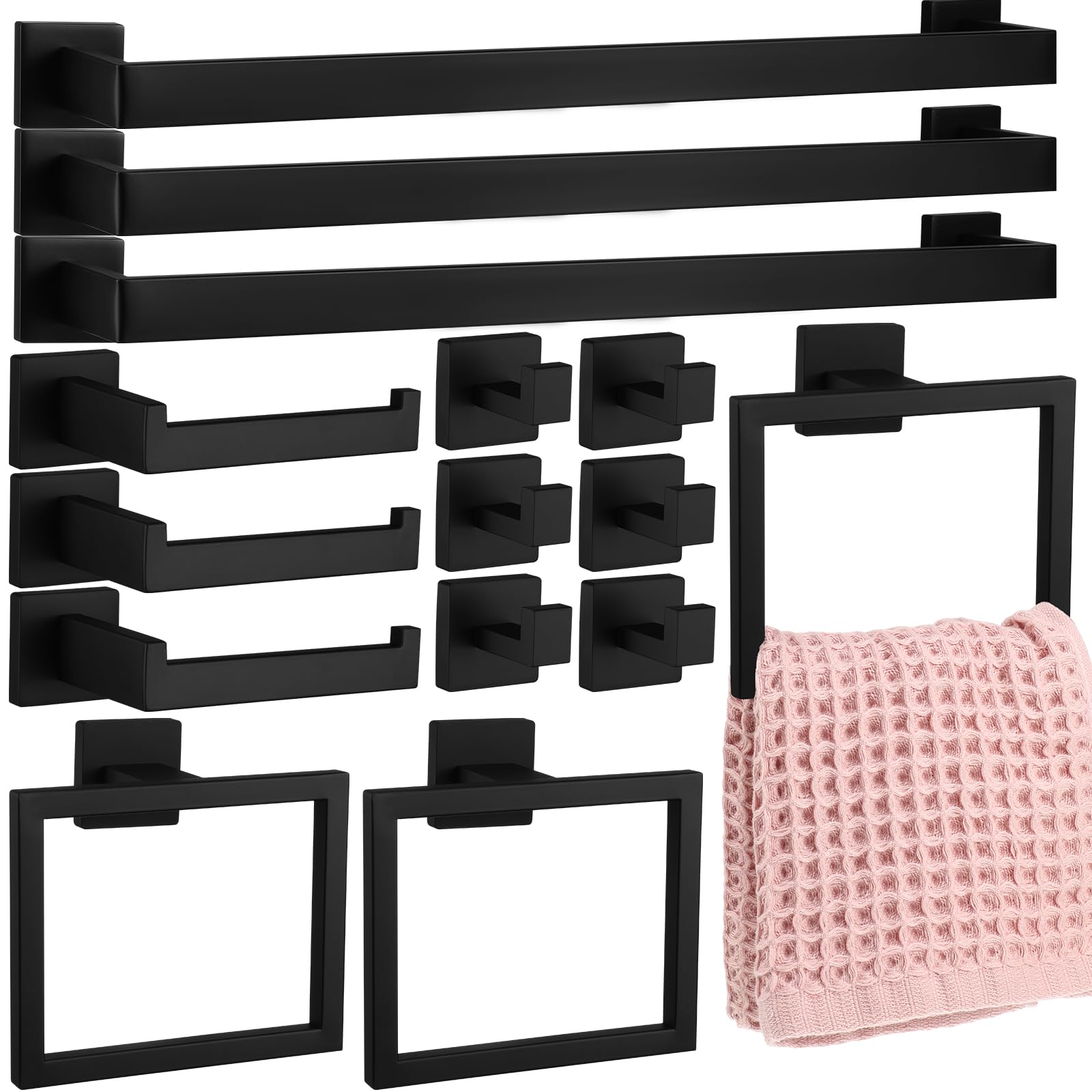 Phewnyzo - 15 pcs Black Bathroom Hardware Set Stainless Steel Wall Mounted Towel Bars Rings Hook...
