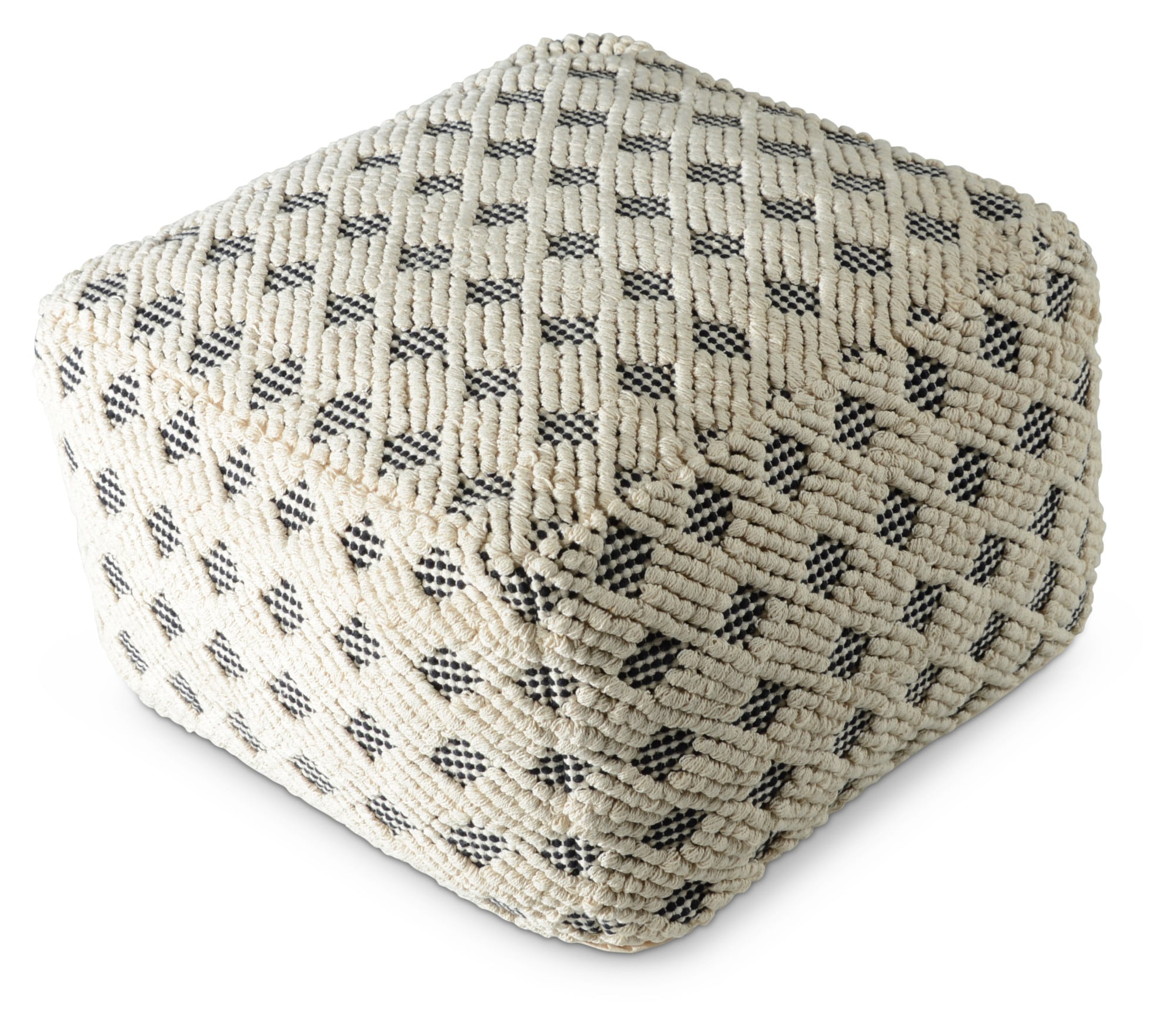 Transitional Black and Cream Handwoven Square Pouf