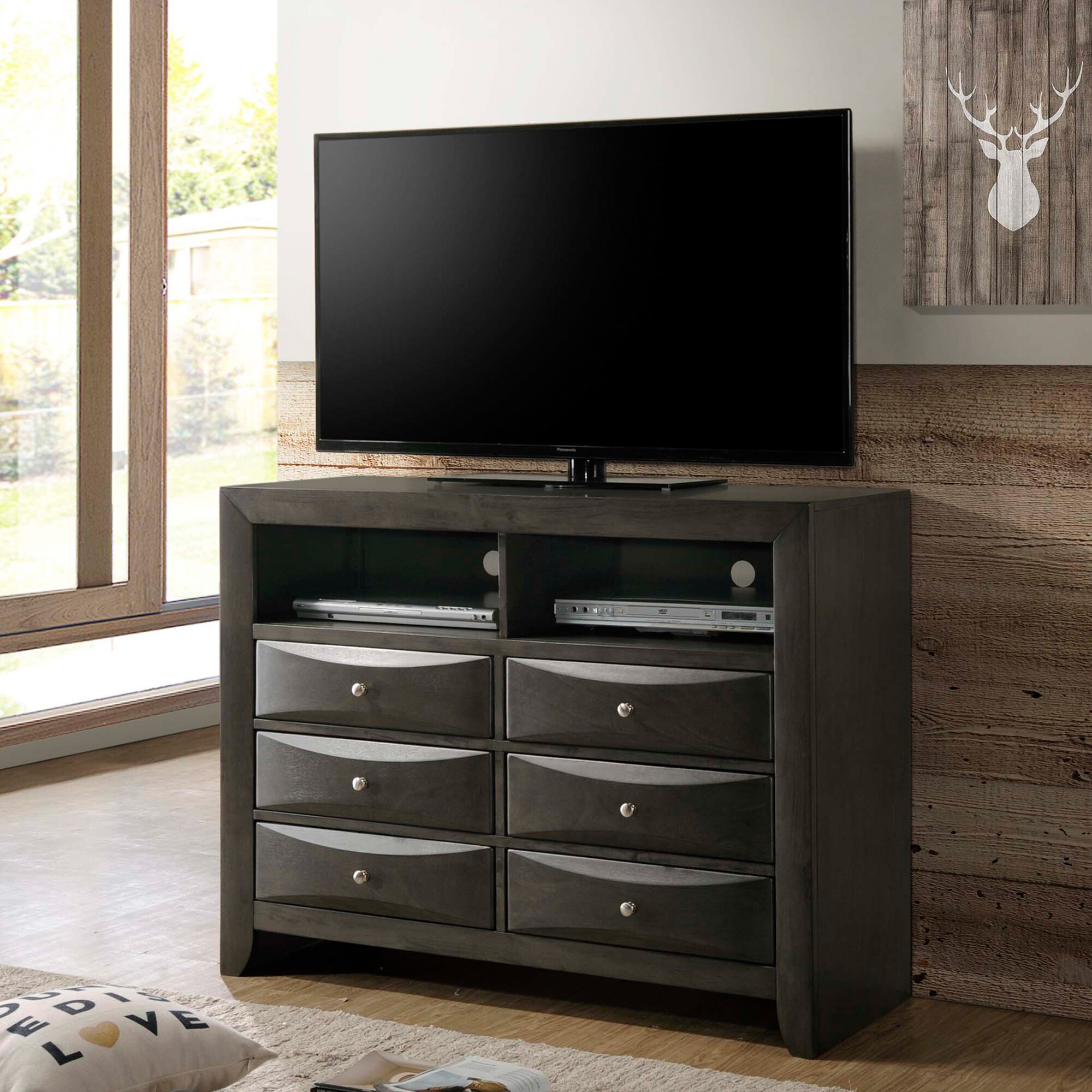Picket House Furnishings Contemporary Gray Wood Chest With 6 Drawers And 2 Media Compartments