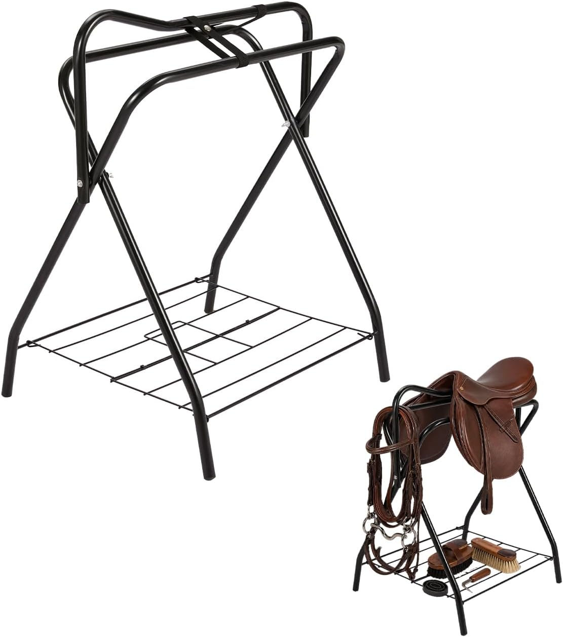 Garvee 1-Pack Foldable Saddle Rack with Storage Shelf Portable Folding Horse Saddle Stand for English and Western Saddles Freestanding Saddle Pad Rack for Horse Tack and Blanket Black
