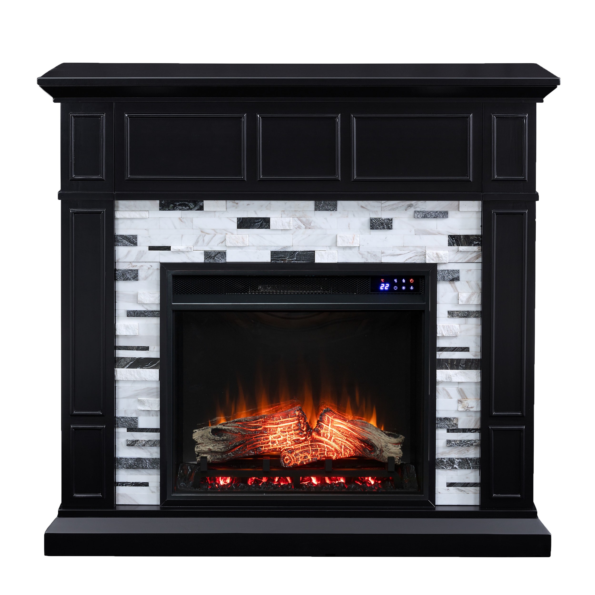 Southern Enterprises FR1080859 45.5-in W Black with White, Gray Marble Free standing Fan-forced Flat wall Electric Fireplace with Remote Control Included