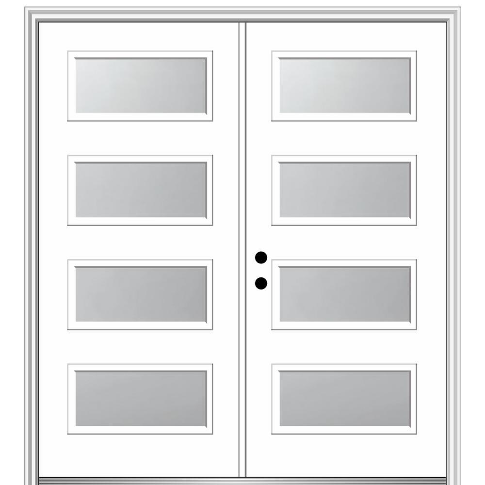 MMI DOOR ZZ346969R Spotlights 72-in x 80-in x 4-9/16-in Fiberglass Pulse lite Right-hand inswing Brilliant White Painted Prehung Double Front Door with Brickmould Insulating core