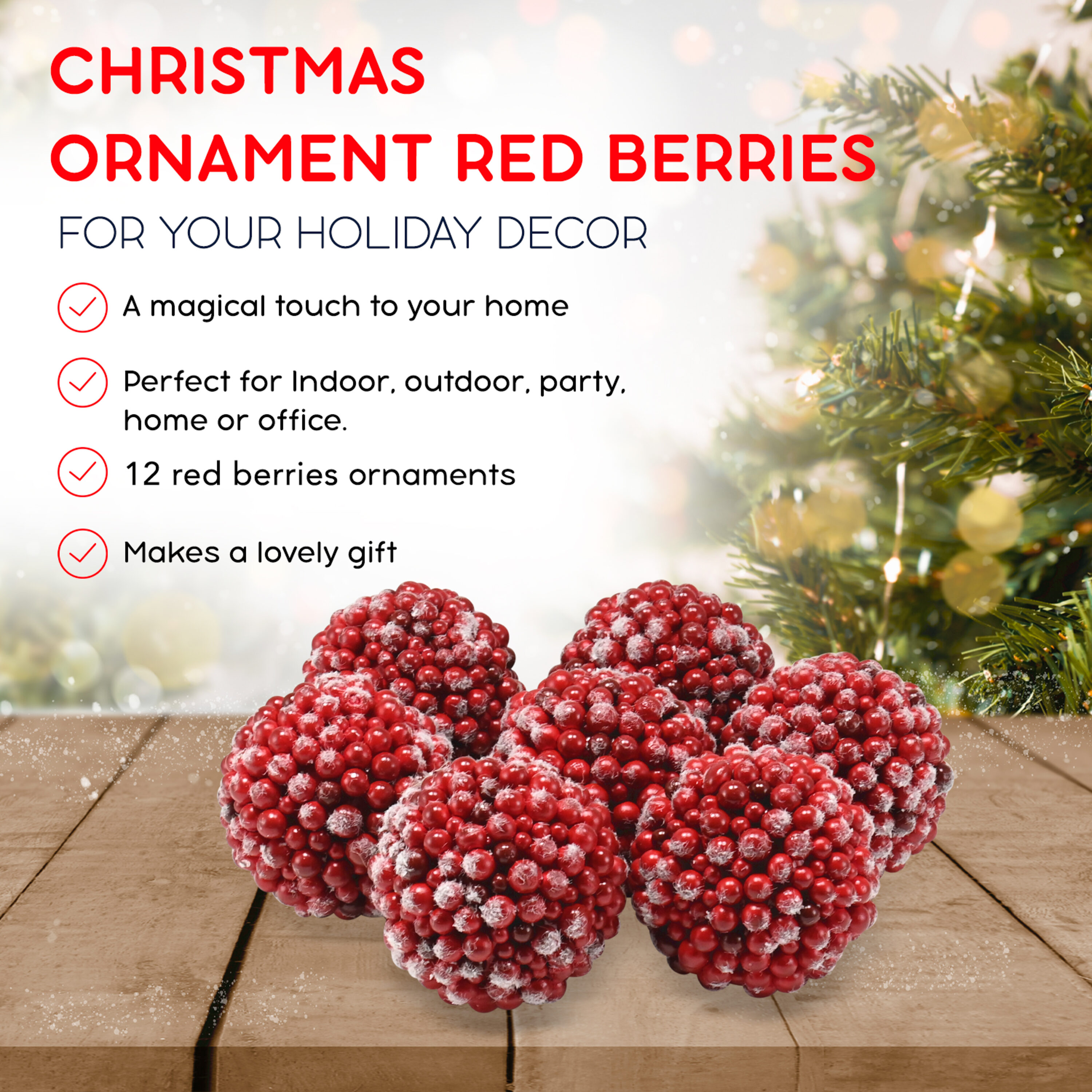 Rustic Red Frosted Berry Christmas Ornaments Set