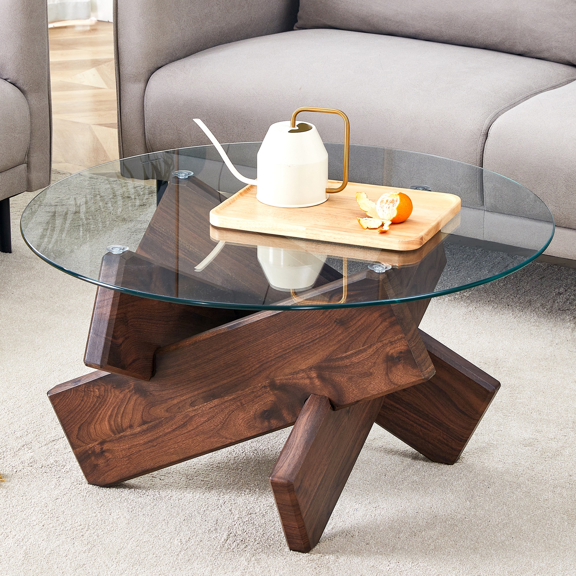 LUXEYARD Round glass coffee table 33.4Inch modern design unique coffee ...