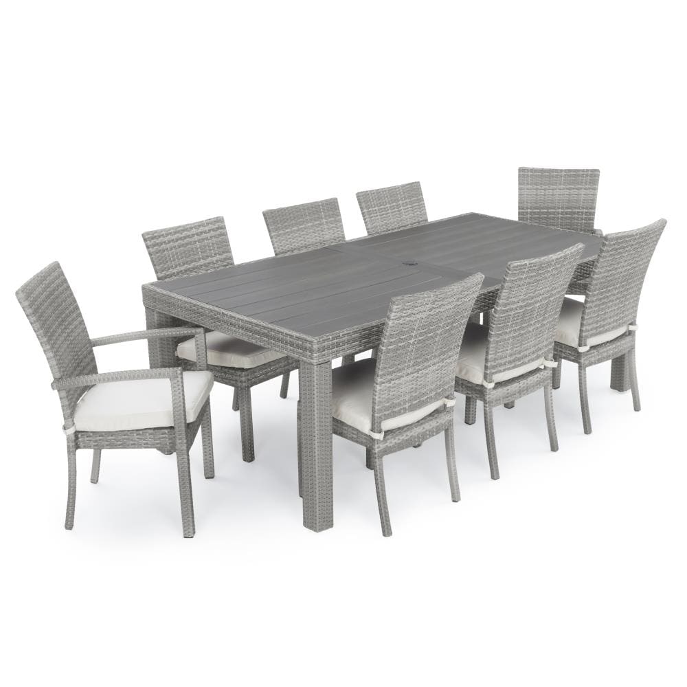 RST Brands OP-PETS9-CNS-MOR-K Cannes 9 -Piece Gray Wicker Patio Dining Set Wicker Rectangle Table with 8 Off-white Cushions Stationary and Motion Chairs