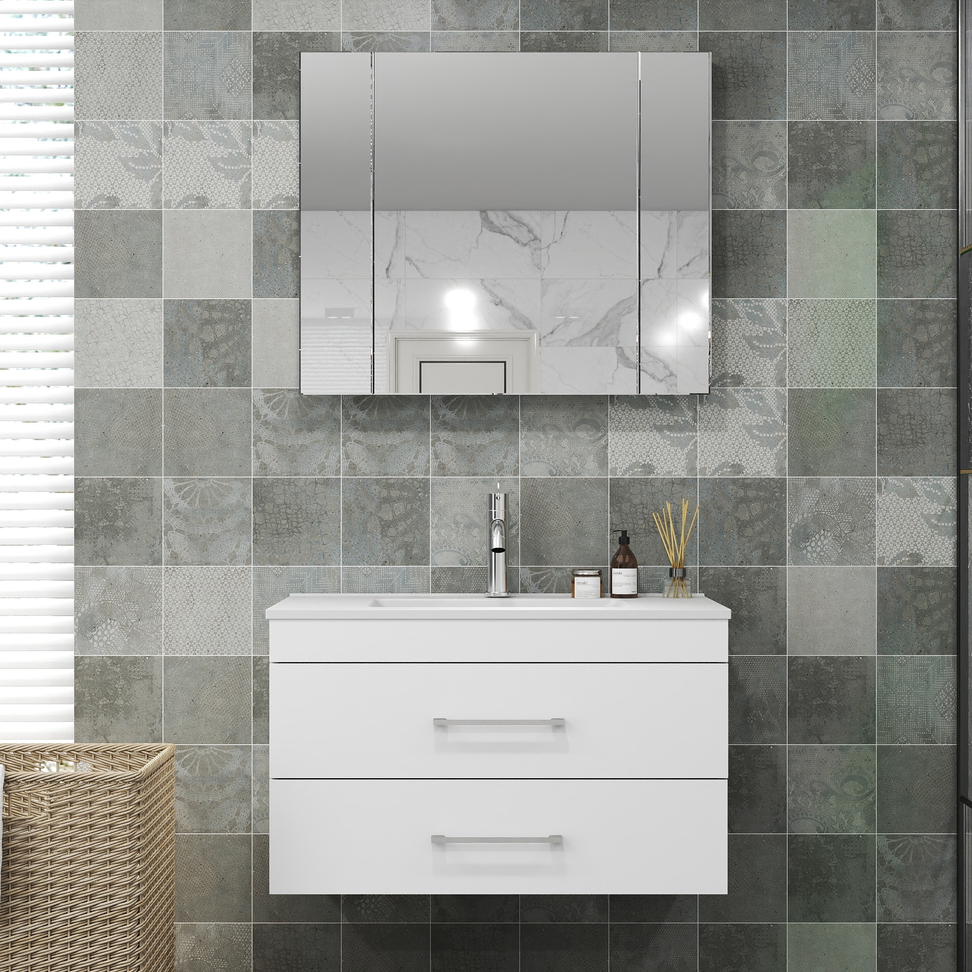 Tatayosi RY-51S00017 32 inches White Gloss Wall-Mounted Bathroom Vanity with Double Drawers Soft-Close System Ceramic Sink Create a Modern and Minimalist Bathroom Space