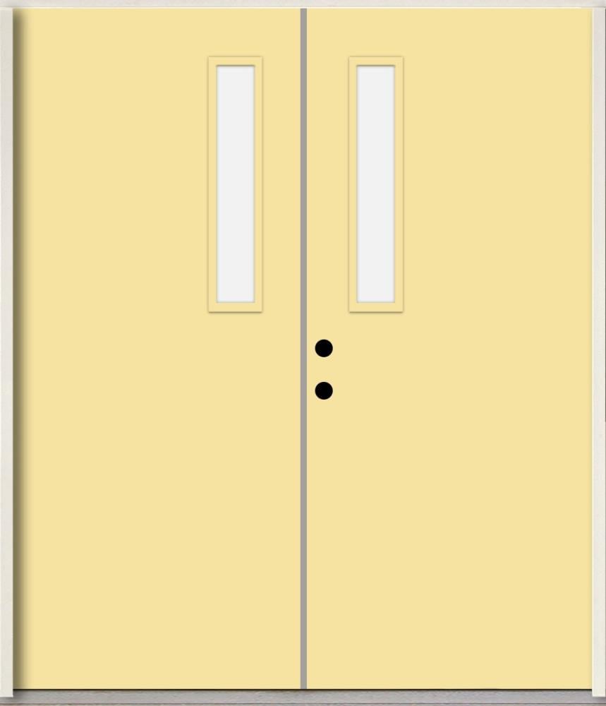 RELIABILT LO1063381 Spotlights 72-in x 80-in x Fiberglass 1/4 lite Right-hand inswing Cabana Yellow Paint Painted Prehung Double Front Door Insulating core