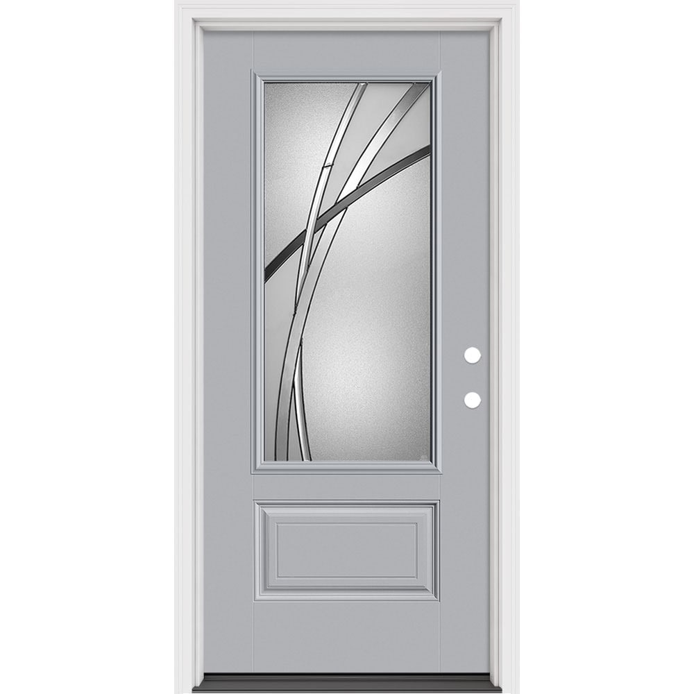 Masonite 632620 Kordella 36-in x 80-in x 4-9/16-in Fiberglass 3/4 lite Right-hand inswing Infinity Gray Painted Prehung Slab Front Door with Brickmould Solid core