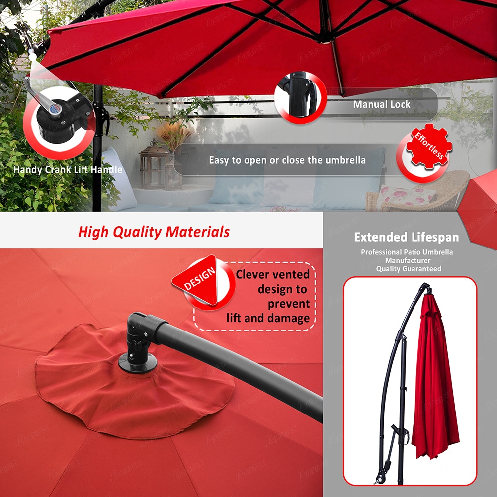 Sunrinx 10-ft Steel Red No-tilt Cantilever Patio Umbrella With Base In ...