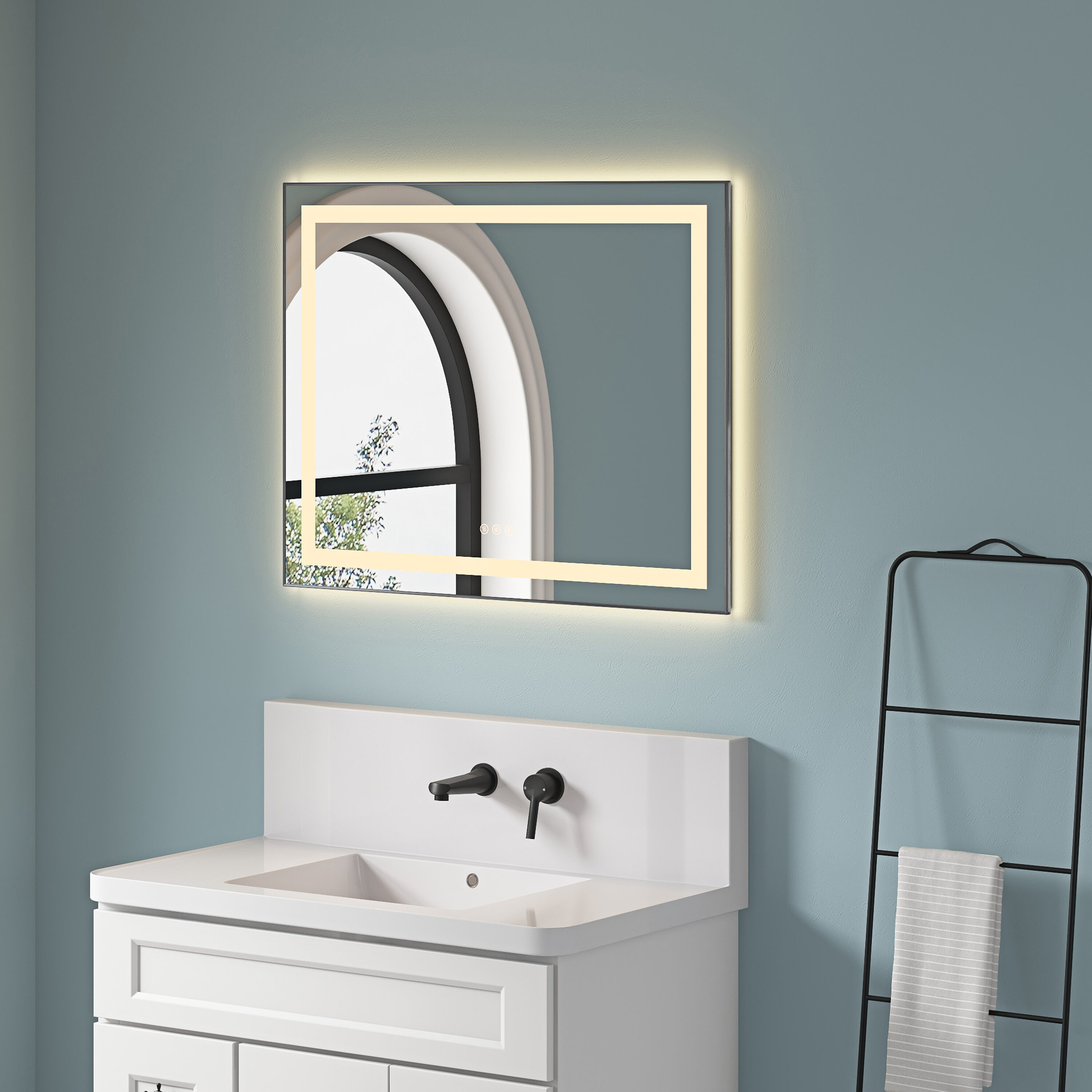 Tinyhomie 36 x 28 in. LED Bathroom Mirror Front and Backlit Aluminum Frame Anti Fog Memory 3 Color Dimmable