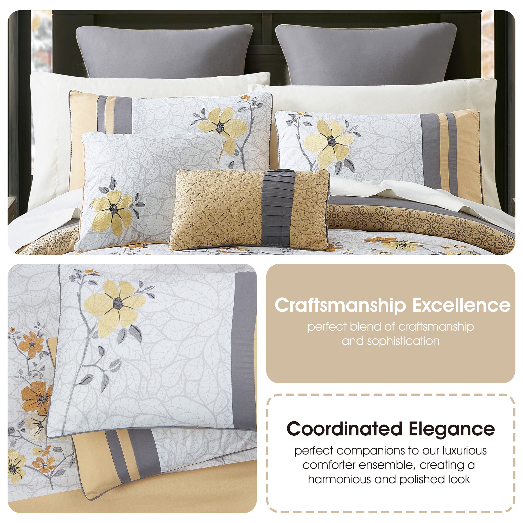 Queen Gray Microfiber Floral Embroidered Comforter Set