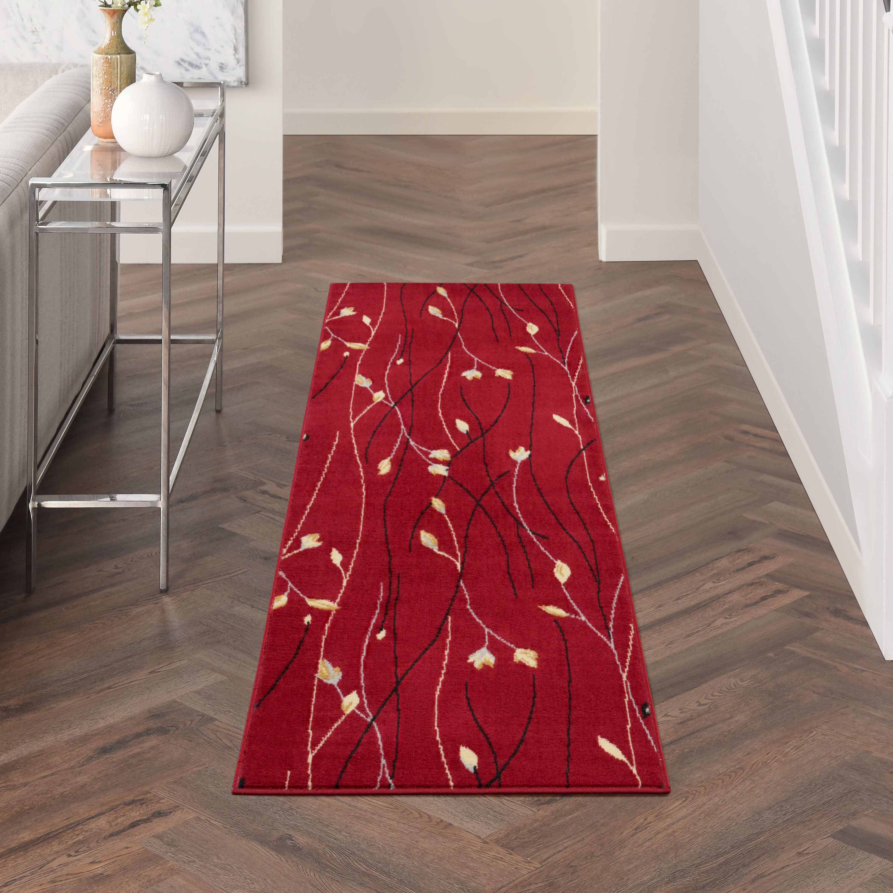 Nourison Home 099446401151 2 x 6 (ft) Loomed Red Rectangular Indoor Floral/Botanical Runner rug