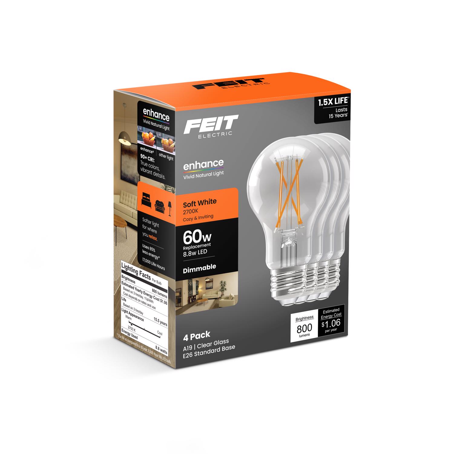 Feit Electric EJD3011614 Enhance A19 E26 Medium Filament LED Bulb Soft White 60 Watt Equivalence 4 pk