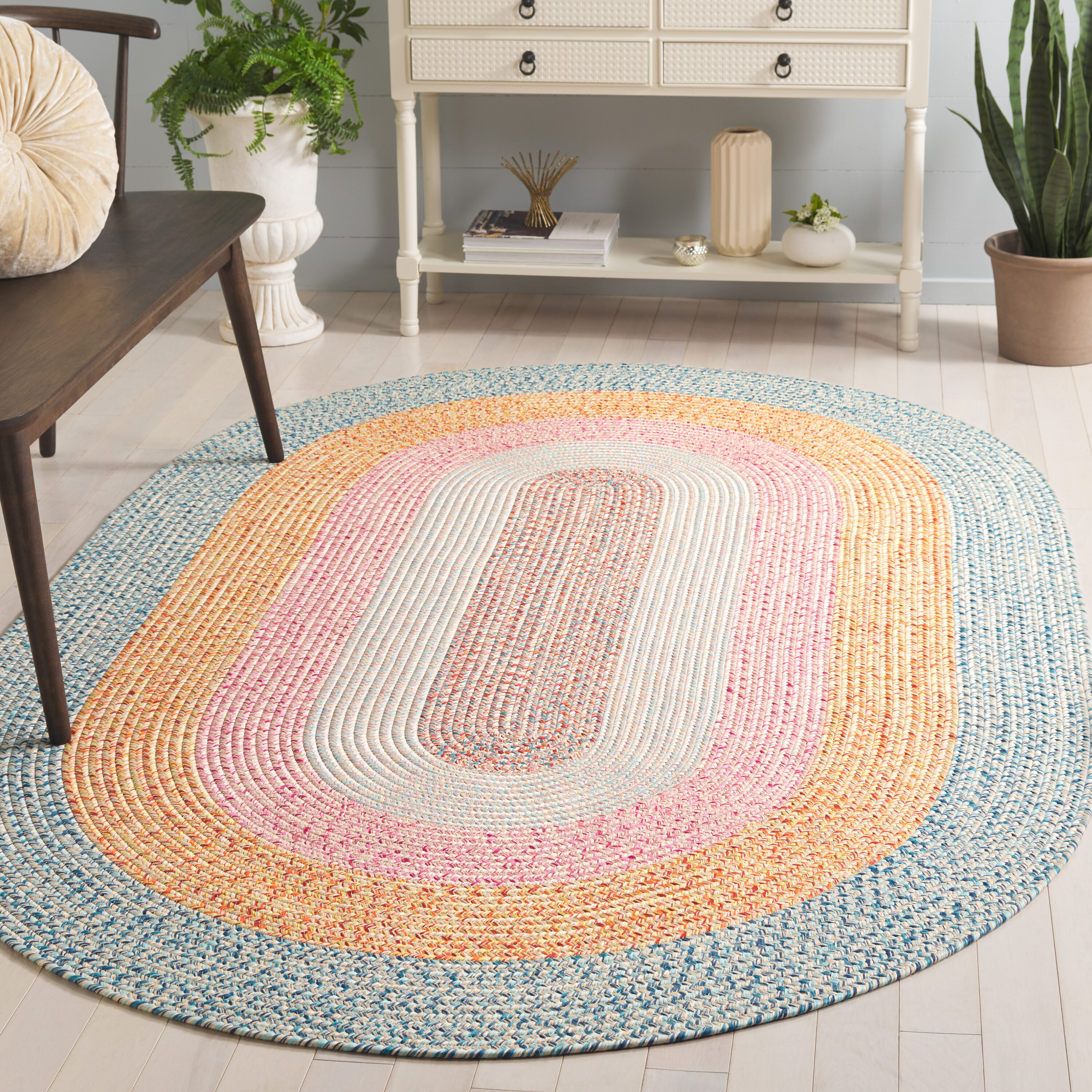 Braded Rugs 318J Aqua/Pink 6ft x 9ft Country Floral Rug