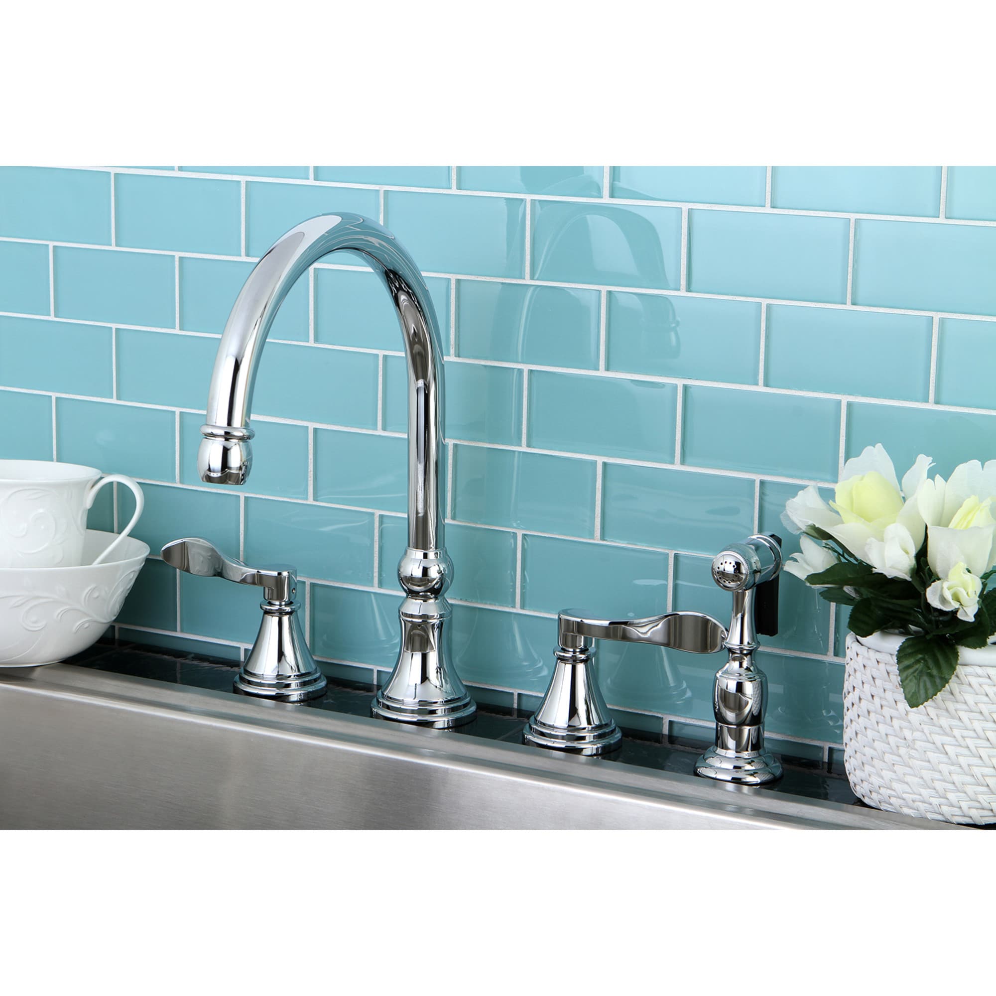 Elements of Design ES2791DFLBS Nufrench Chrome Double Handle Deck-mount Kitchen Faucet ( Side Sprayer Included )