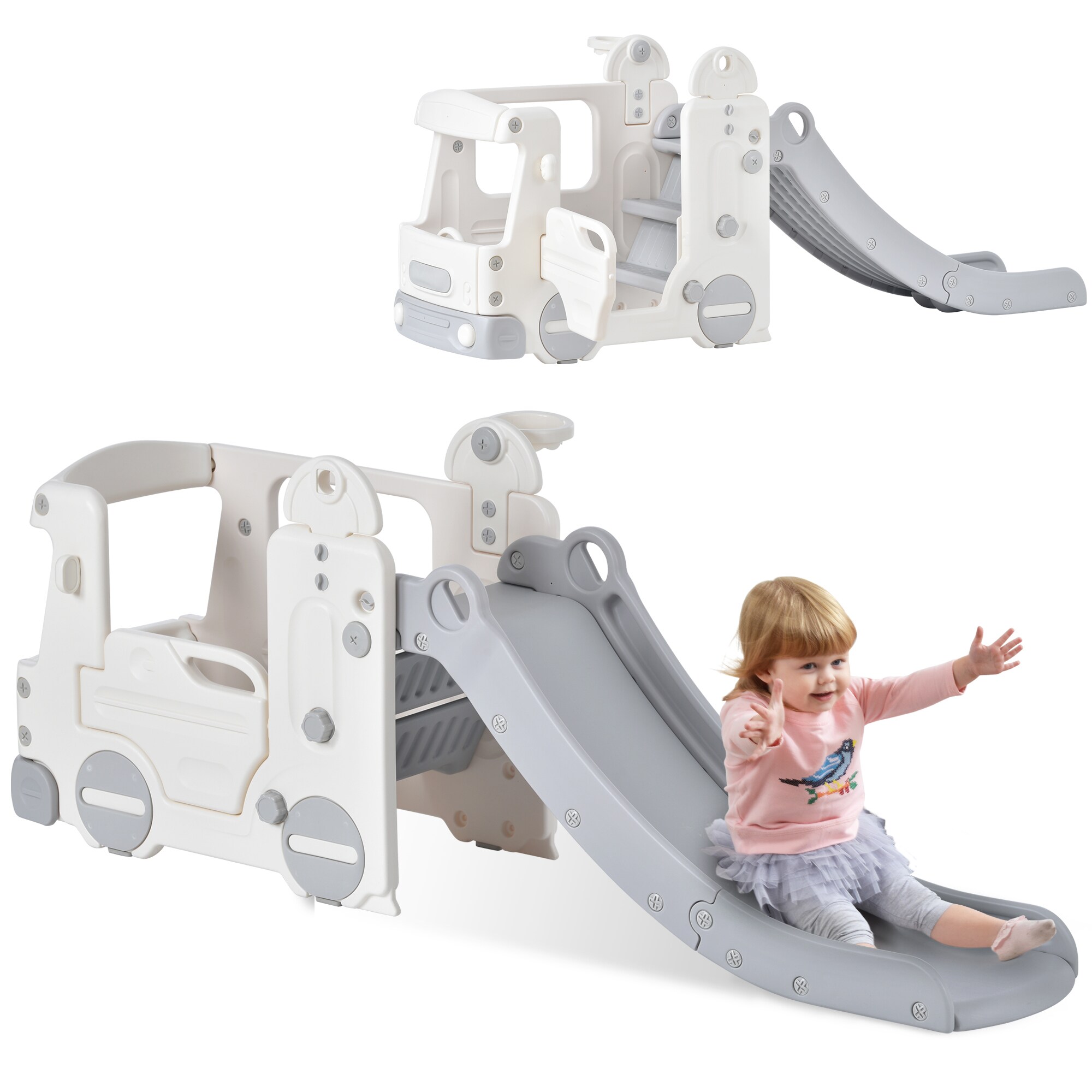 Gaierptone CRXO4ZIN2R2 4 In 1 Toddler Slide, Slide For Kids with Bus Play Structure and Basketball Hoop