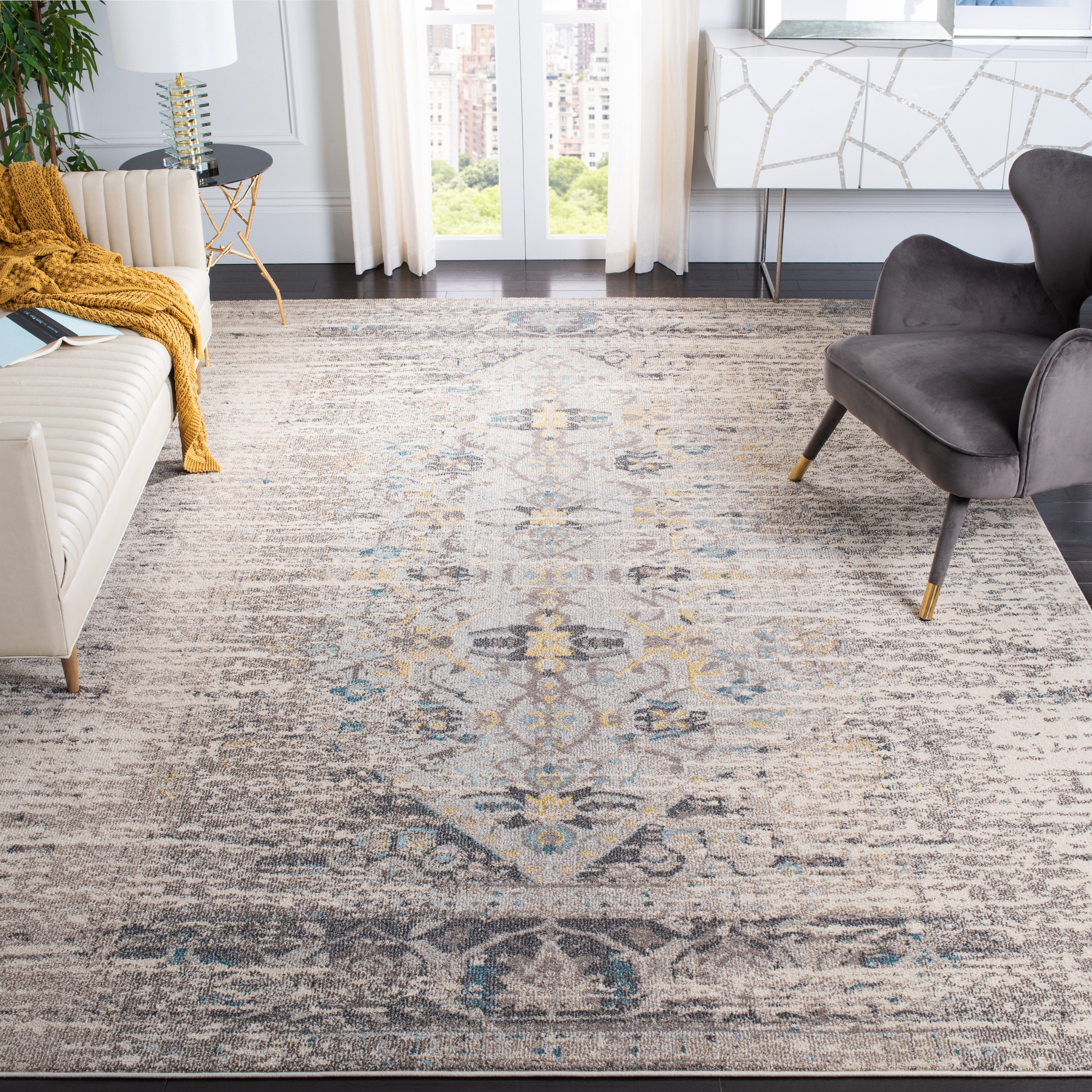 Grey and Multicolor Synthetic Rectangular Area Rug