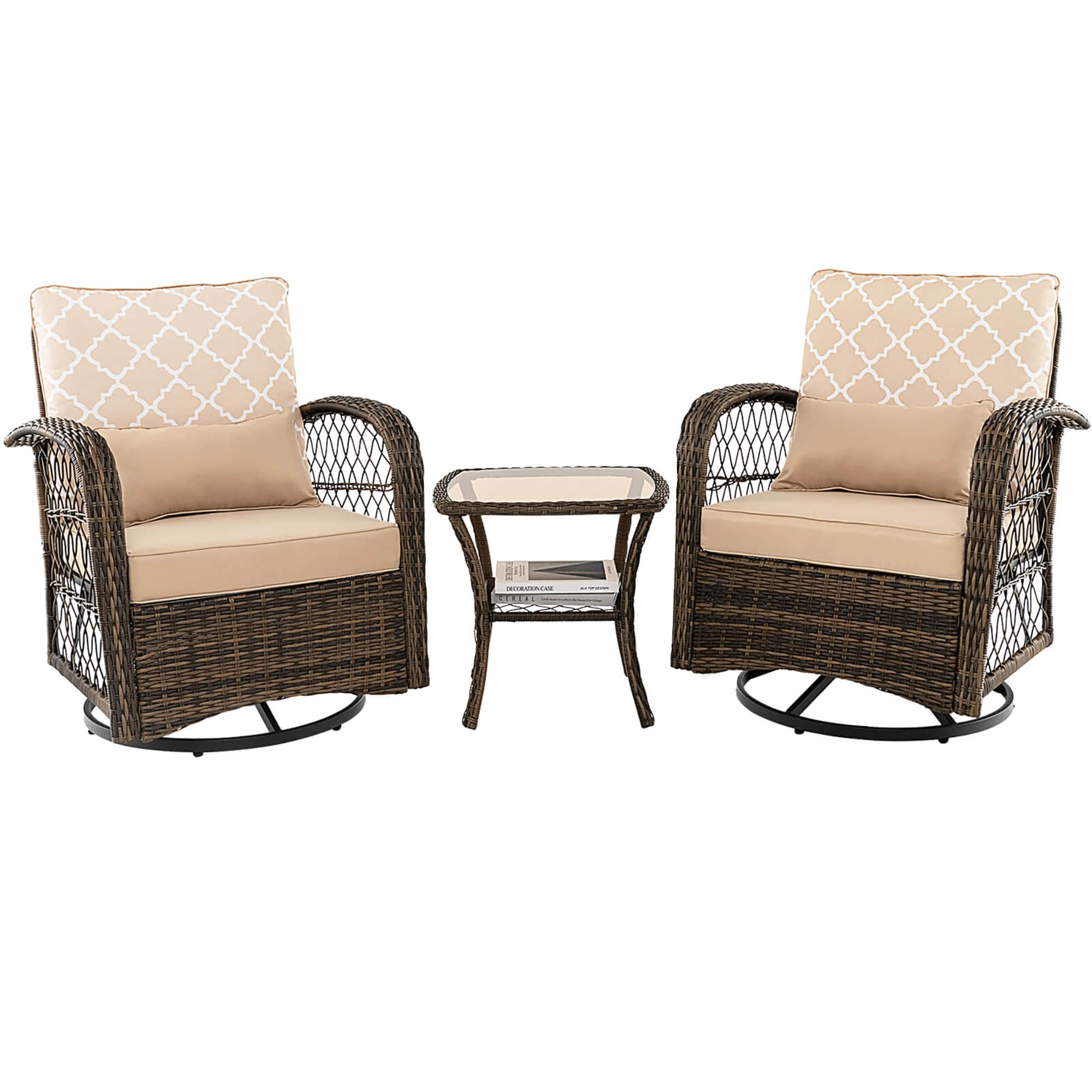 Forclover ALLS-28RD 3 Pieces Outdoor Wicker Conversation Set with Tempered Glass Coffee Table 3 -Piece Wicker Patio Conversation Set with Brown Cushions