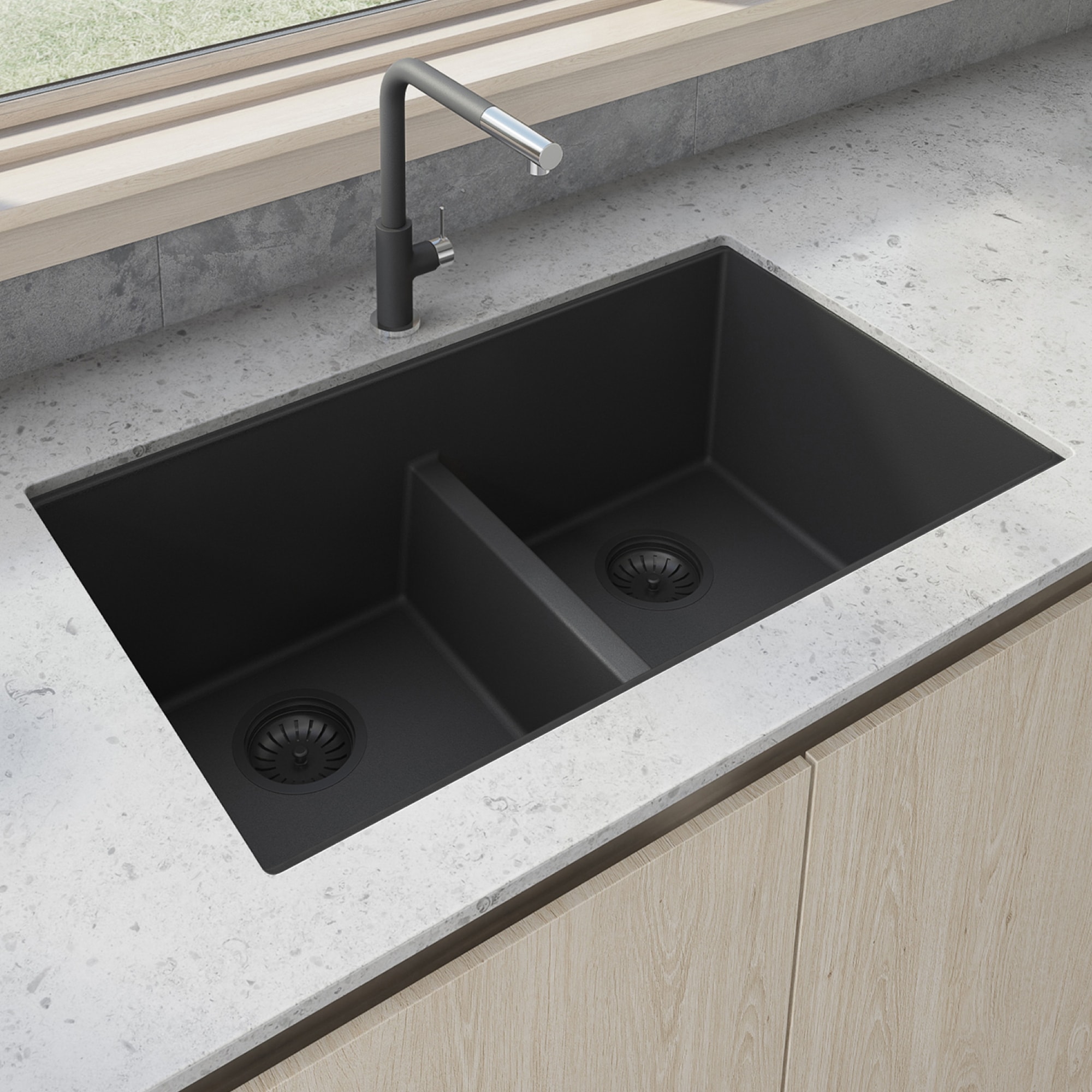 Ruvati epiGranite Undermount 32.38-in x 19.25-in Granite Double equal bowl Kitchen Sink