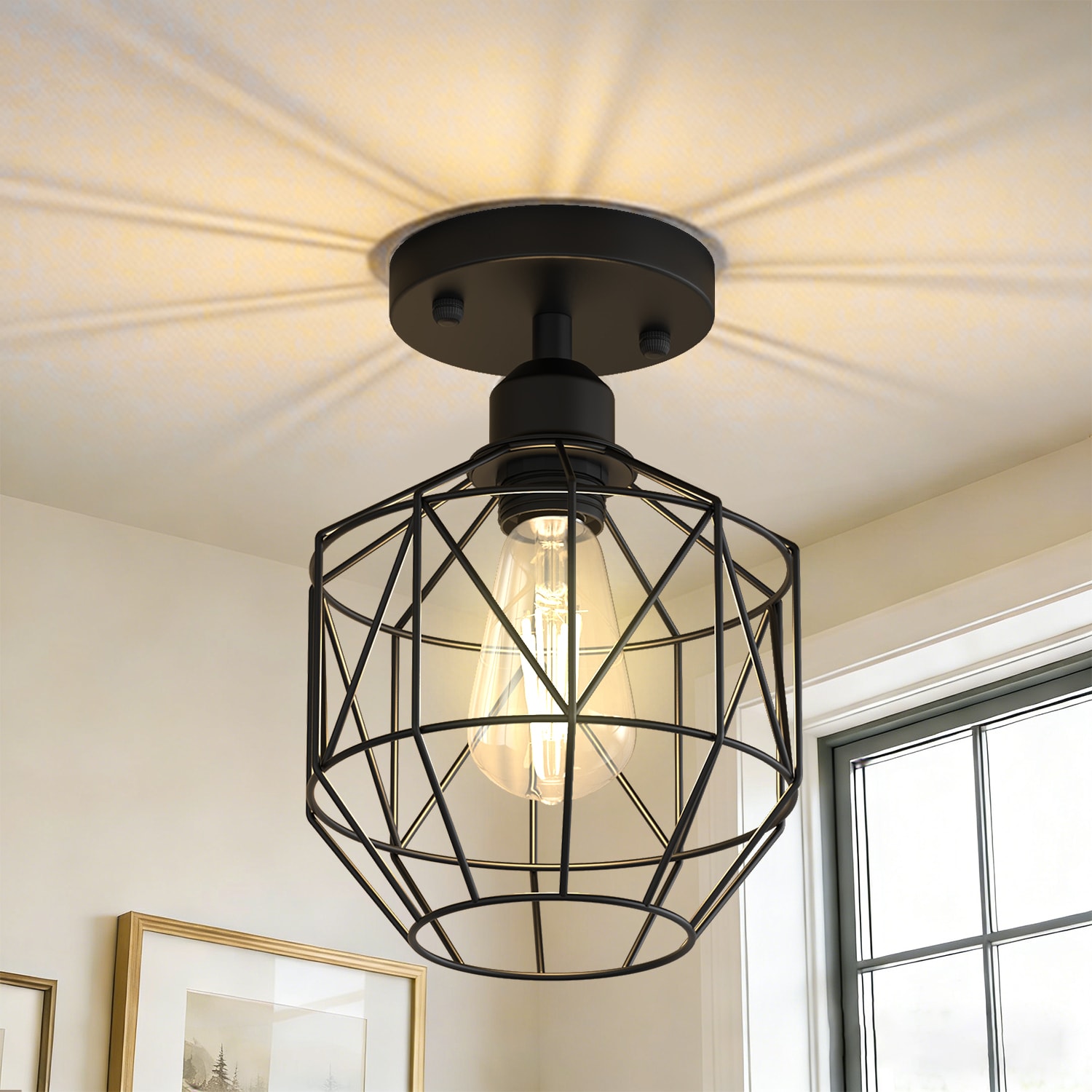 DORESshop 1 Light Industrial Wire Cage Flush Mount Ceiling Light in Matte Black