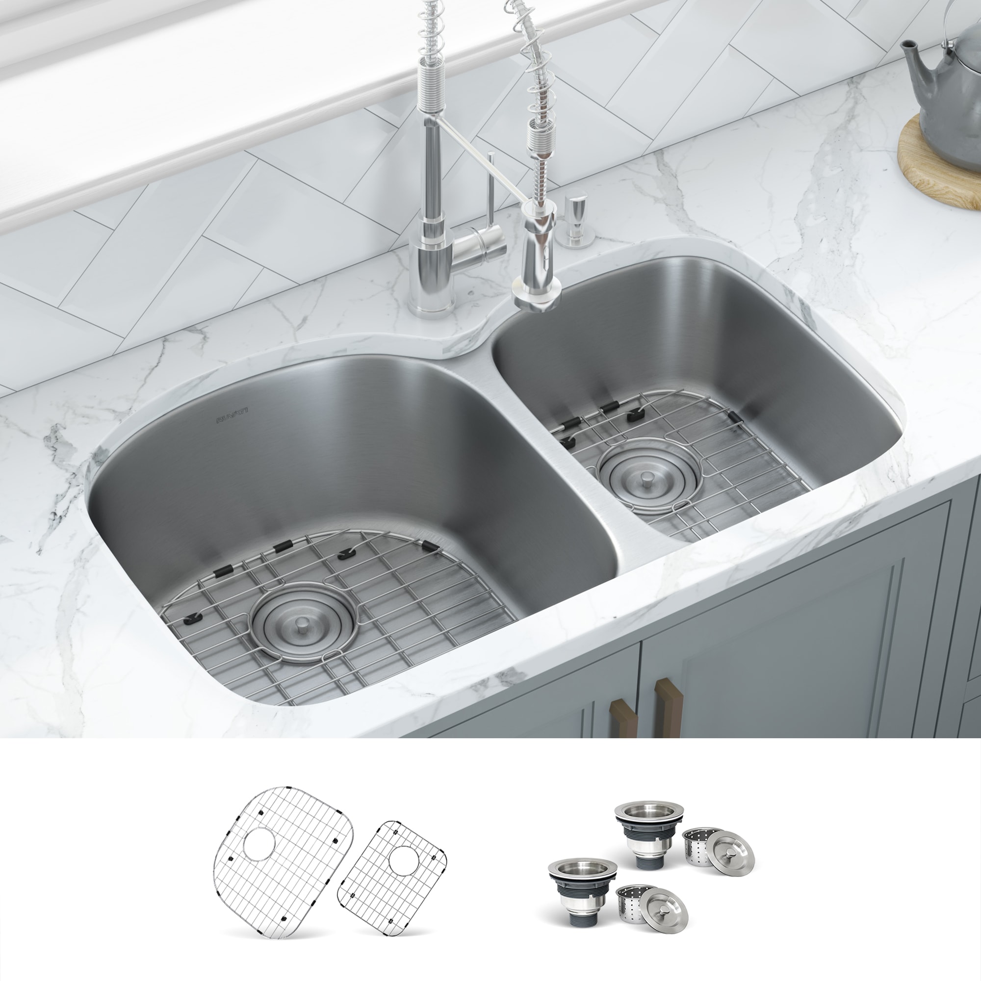 Ruvati RVM4600 Parmi Undermount 34-in x 20.5-in Stainless steel Double offset bowl 16 -Gauge Kitchen Sink