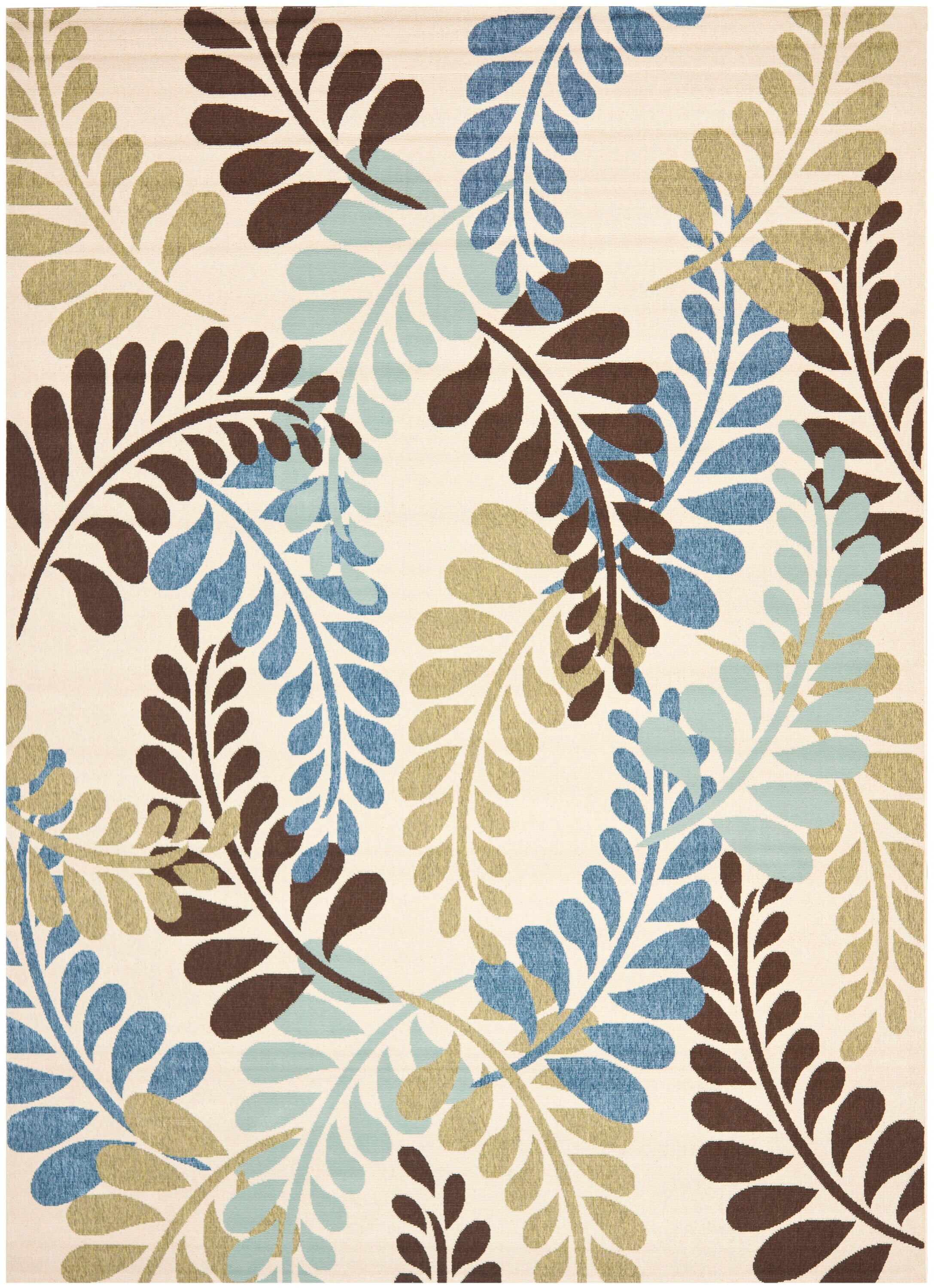 Cream and Aqua Floral Rectangular Indoor/Outdoor Rug