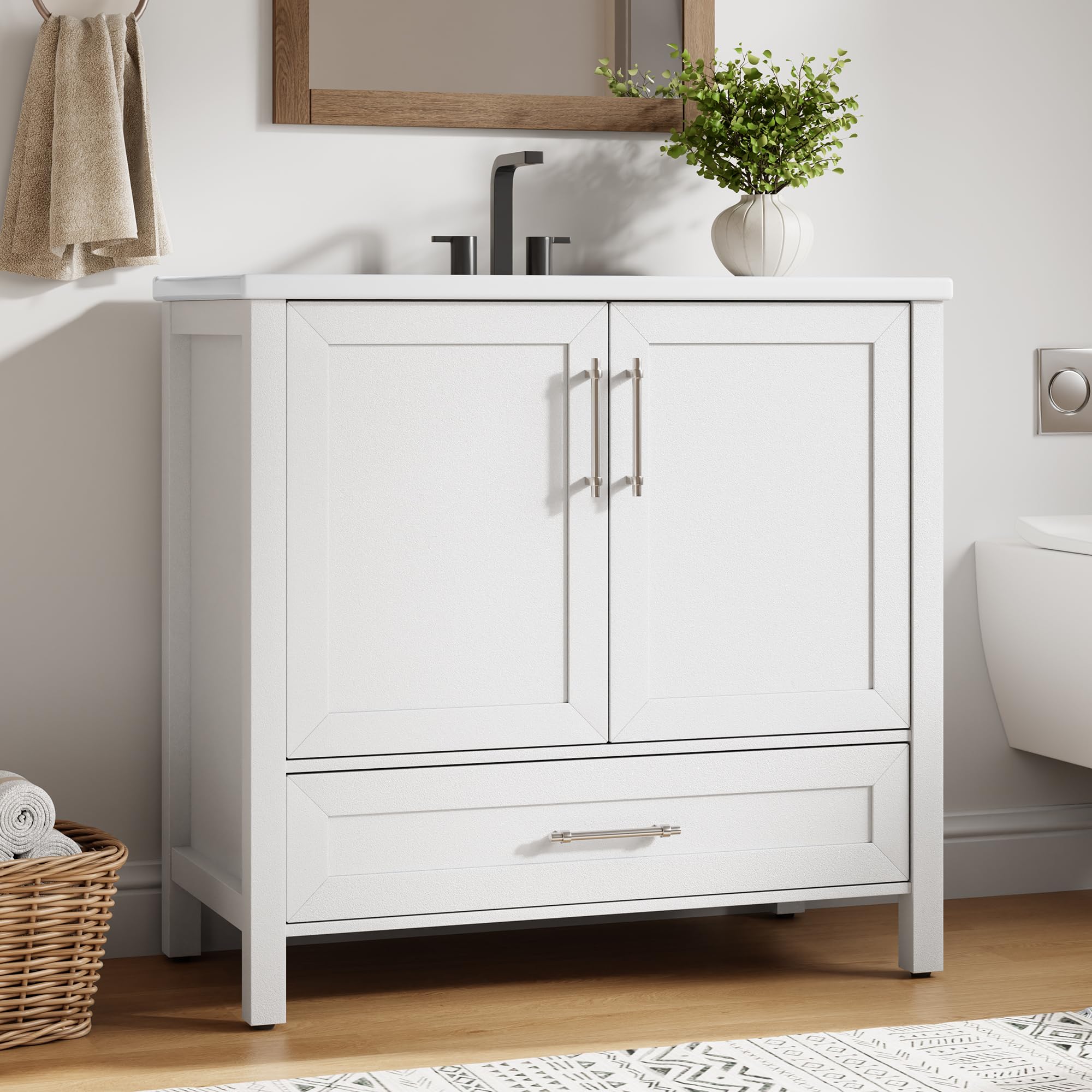 IdealHouse 36 Inch Bathroom Vanity with Sink Freestanding Bathroom Sink Cabinet with 2 Soft-Closing Doors and Large Drawer Modern Wood Storage Bathroom Vanity with Integral Top Easy Assembly White (No Faucet)
